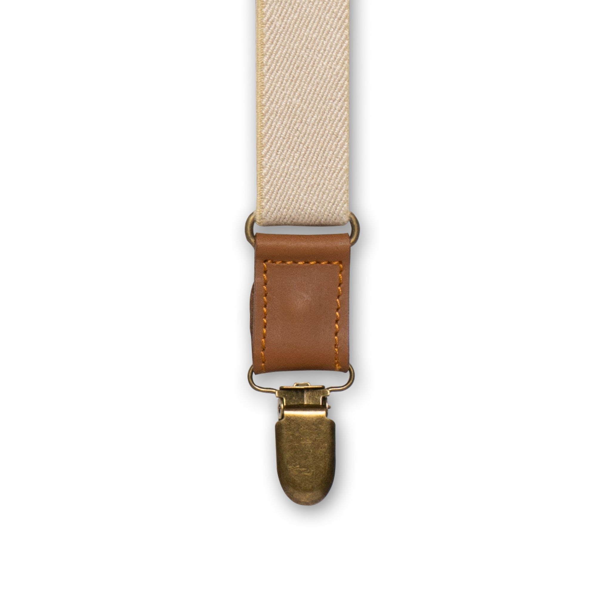 Close-up of brass metal clip with Camel Brown Authentic Nubuck leather connector on Wiseguy Crazy Horse Flex suspenders.