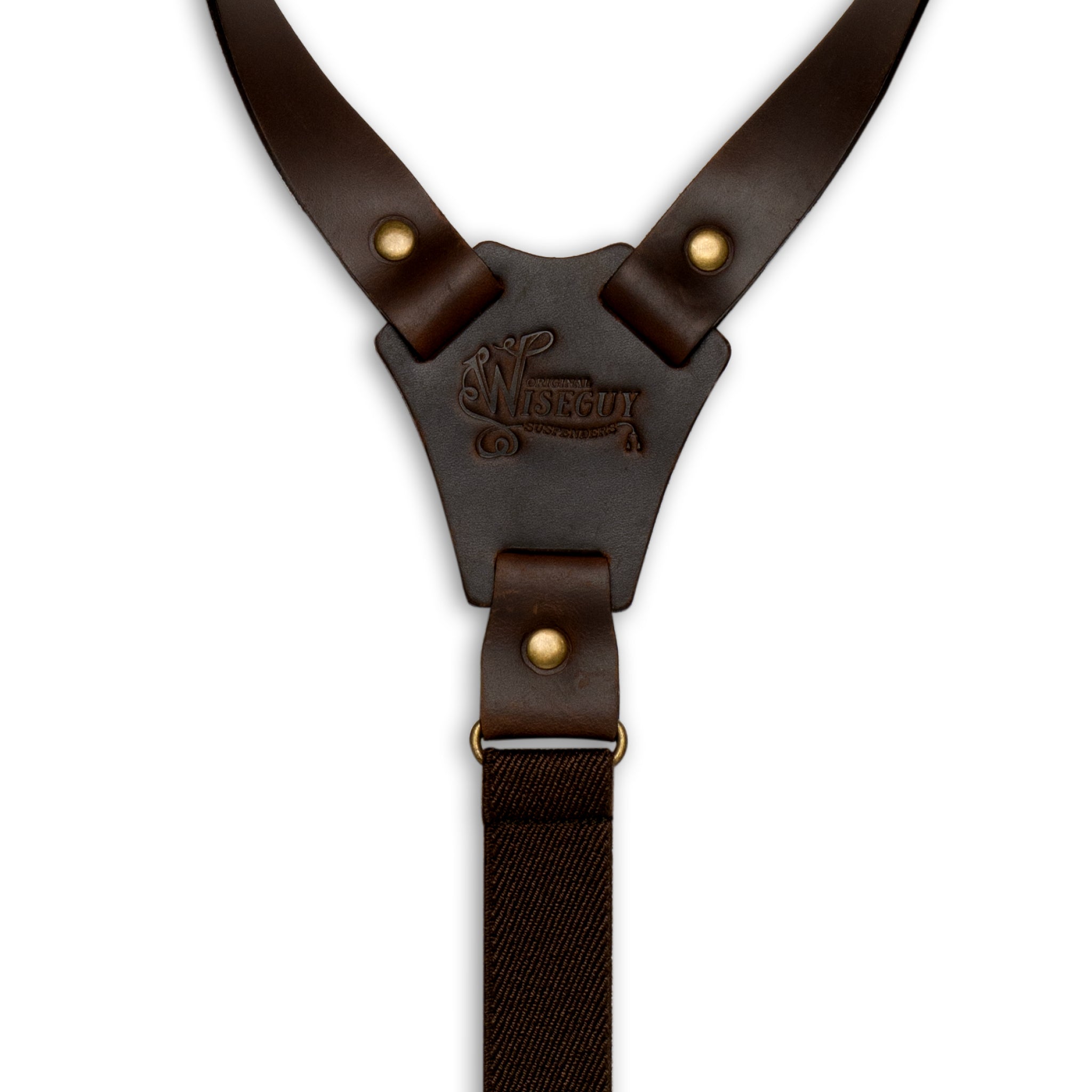 Back Detail of Dark Brown Wiseguy Crazy Horse Flex Suspender with embossed logo on Dark Brown Authentic Nubuck Leather Y-connector and Brass metal studs.