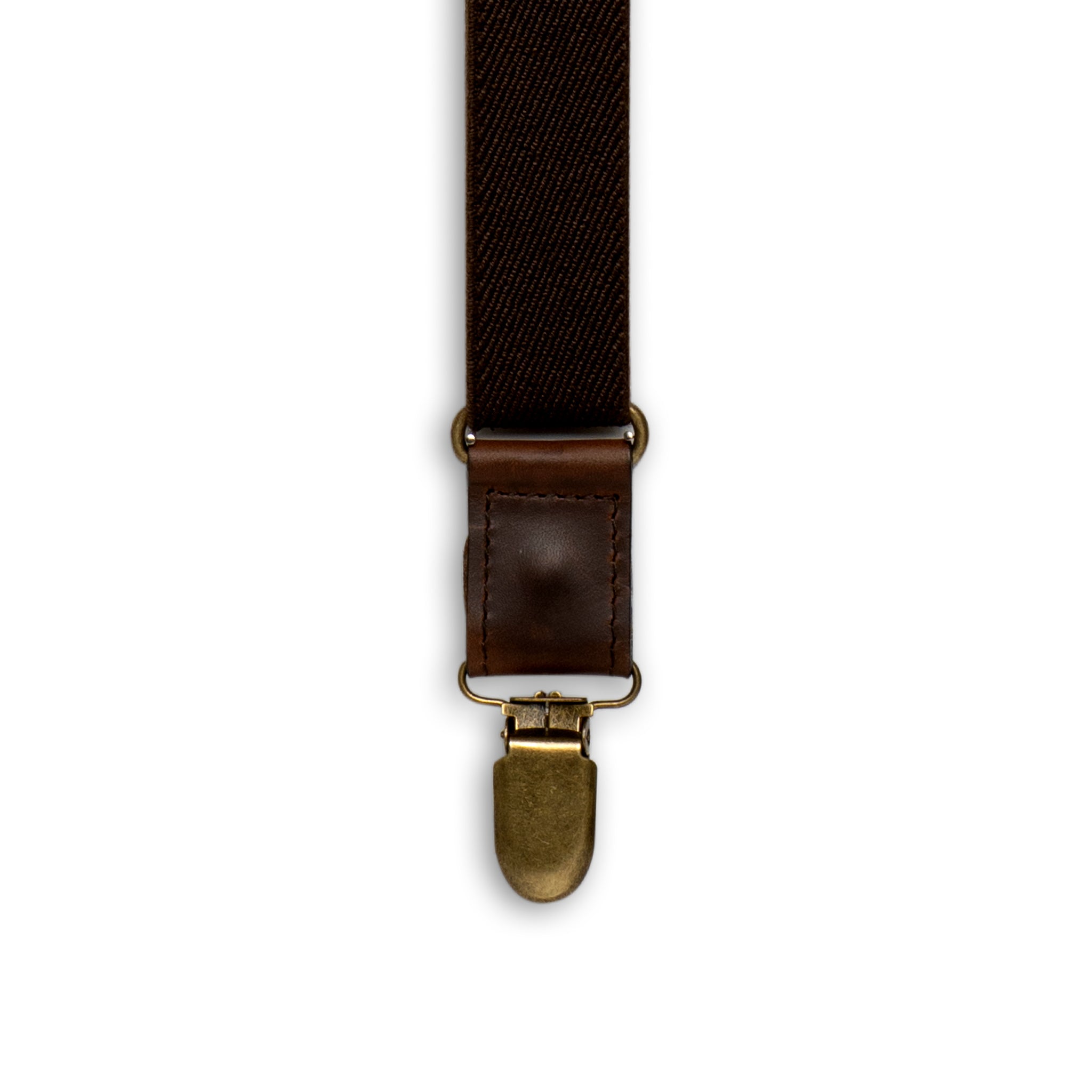 Close-up of Brass metal Clip with Dark Brown Authentic Nubuck leather connector on Wiseguy Crazy Horse Flex Suspenders.