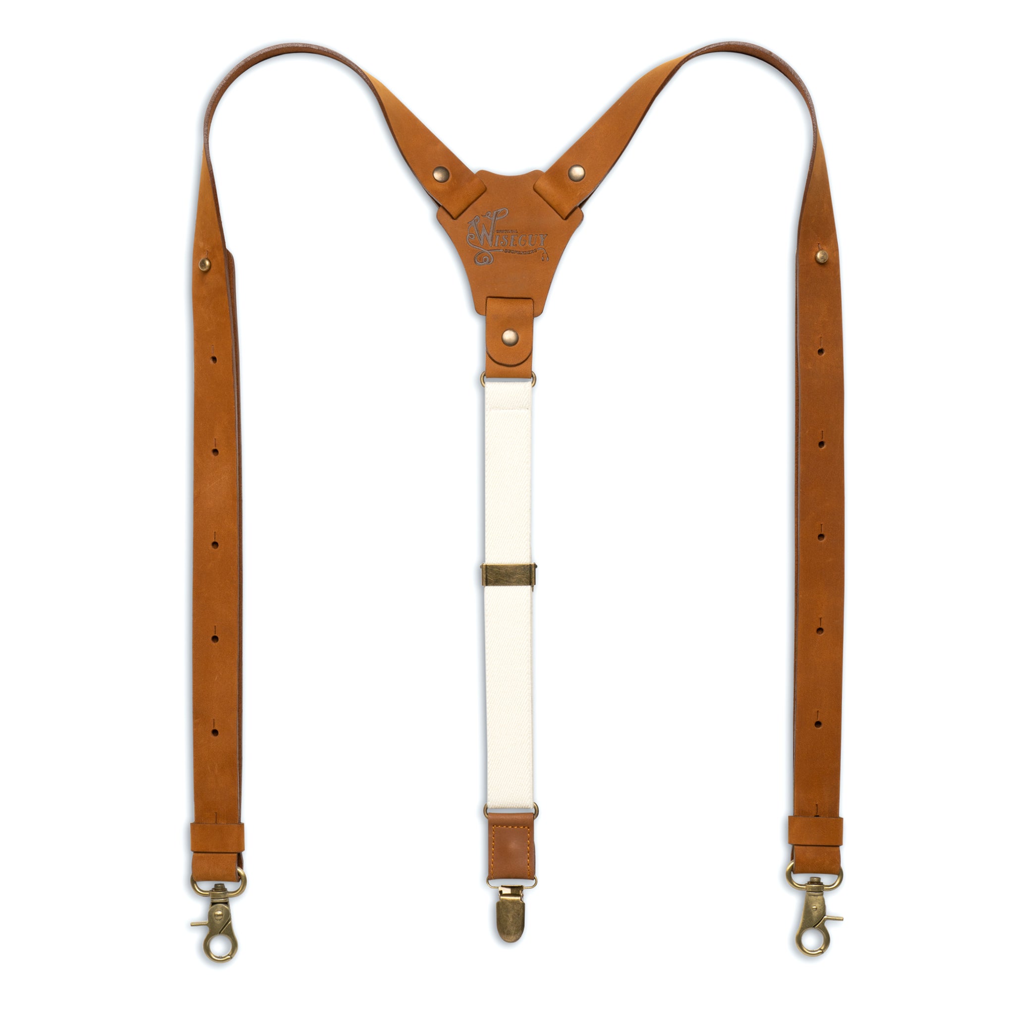 Flat lay of White Wiseguy Crazy Horse Flex Suspenders with Authentic Nubuck Camel Brown leather and European Elastic Webbing straps, Brass Metal Hardware and Y-back design