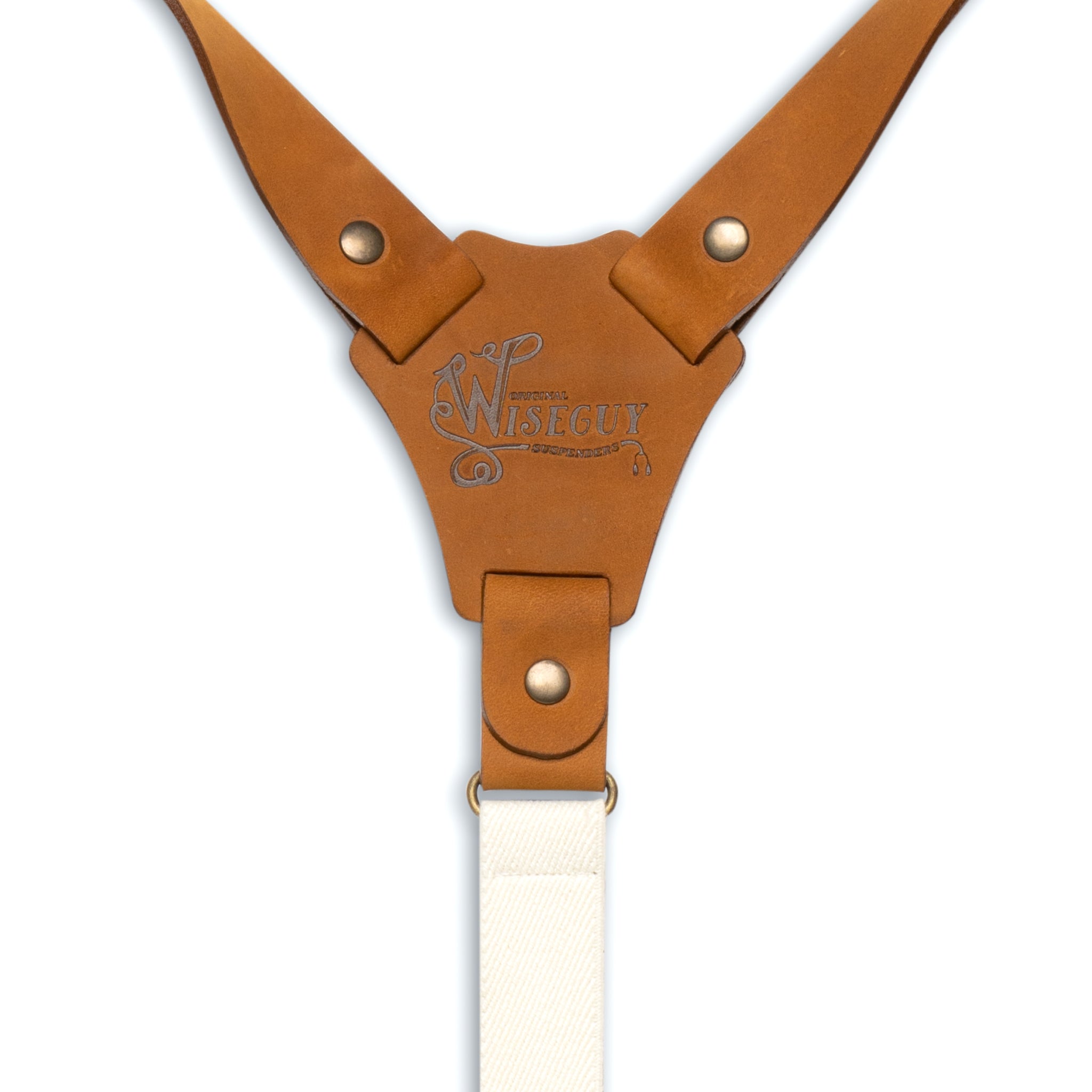 Back detail of White Wiseguy Crazy Horse Flex Suspenders with Embossed logo on Camel Brown Authentic Nubuck Leather Connector and Brass metal Studs
