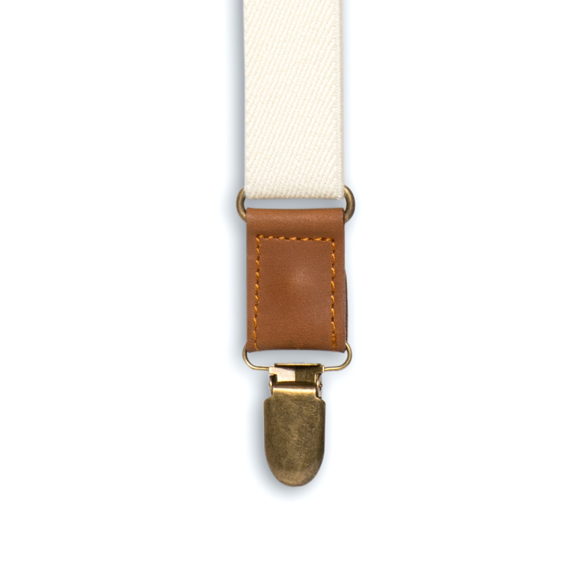 Close-up of Brass Metal Clip with Camel Brown Authentic Nubuck Leather Connector on Wiseguy Crazy Horse Flex Suspenders