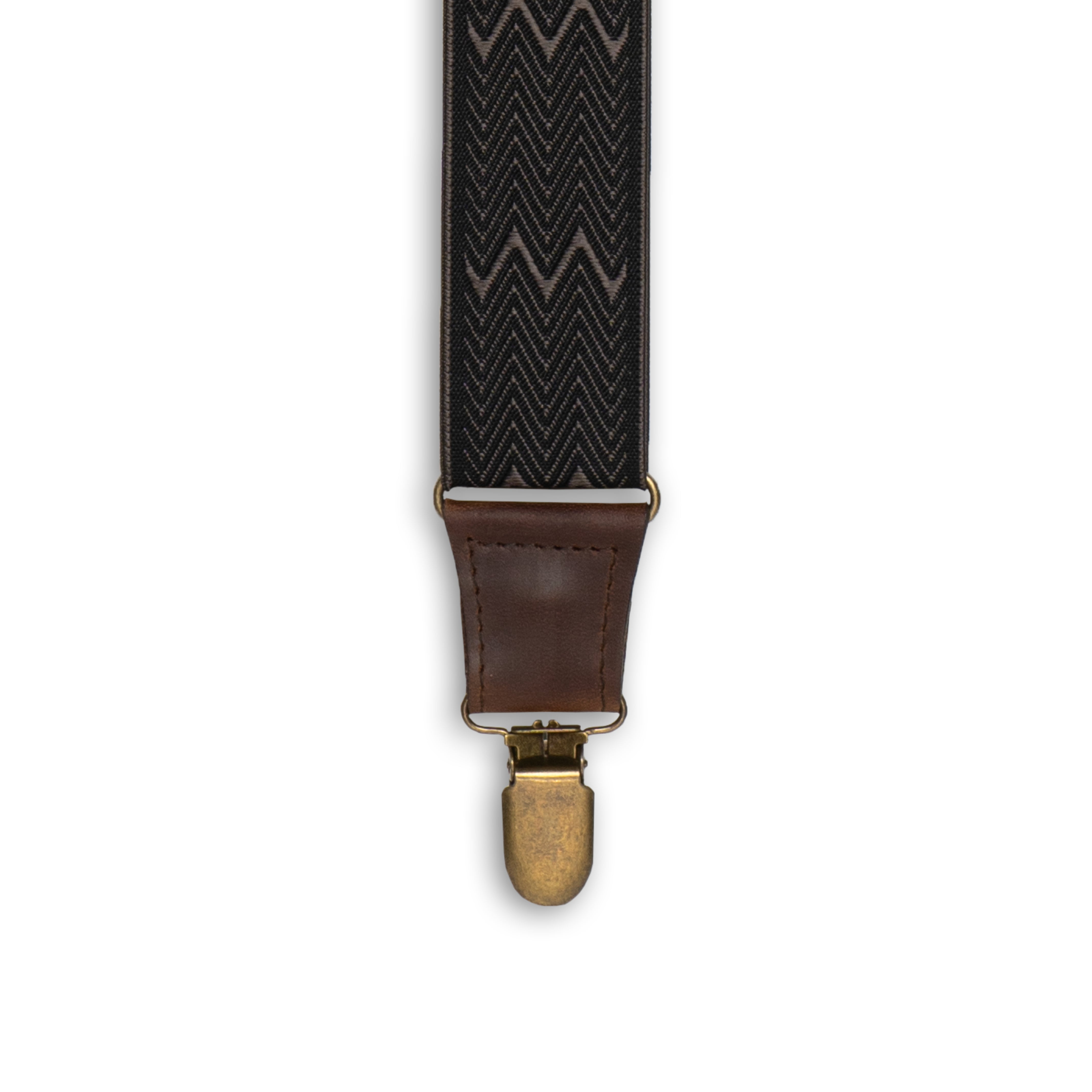 Close up of brass metal clip with Dark Brown Authentic Nubuck leather connector on Wiseguy Crazy Horse Flex suspenders