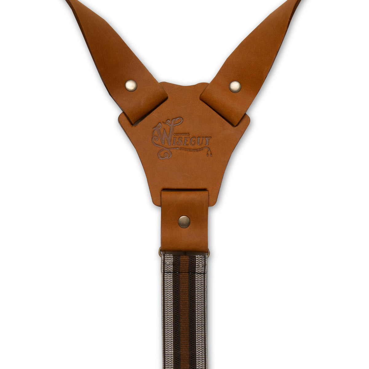 Back detail of Wiseguy Crazy Horse Flex suspenders with embossed logo on Camel Brown Authentic Nubuck leather Y-connecter and brass metal studs