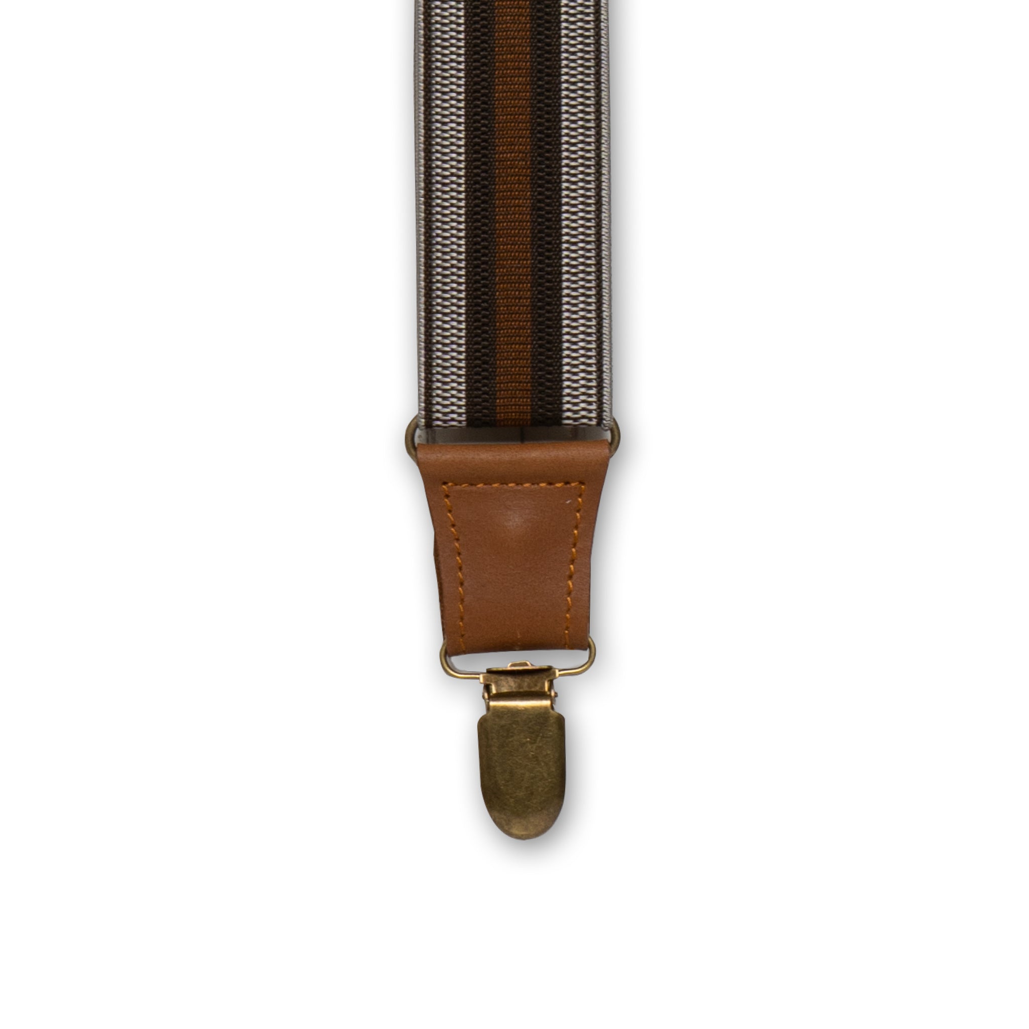 Close up of Brass metal clip with Camel Brown Authentic Nubuck leahther connector on Wiseguy Crazy Horse Flex Suspenders