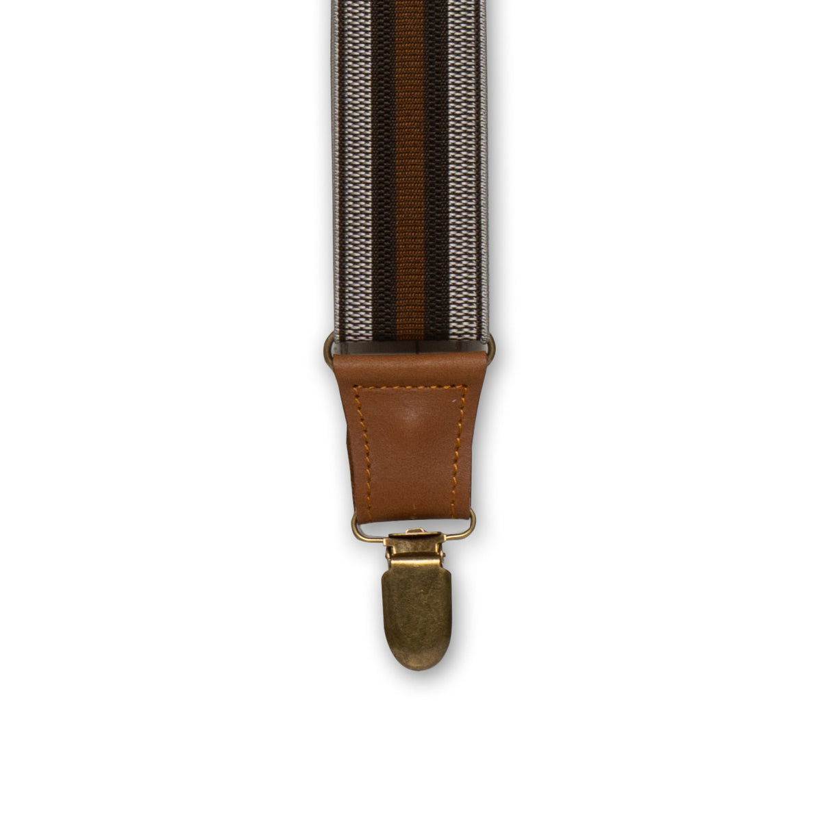 Close up of Brass metal clip with Camel Brown Authentic Nubuck leahther connector on Wiseguy Crazy Horse Flex Suspenders