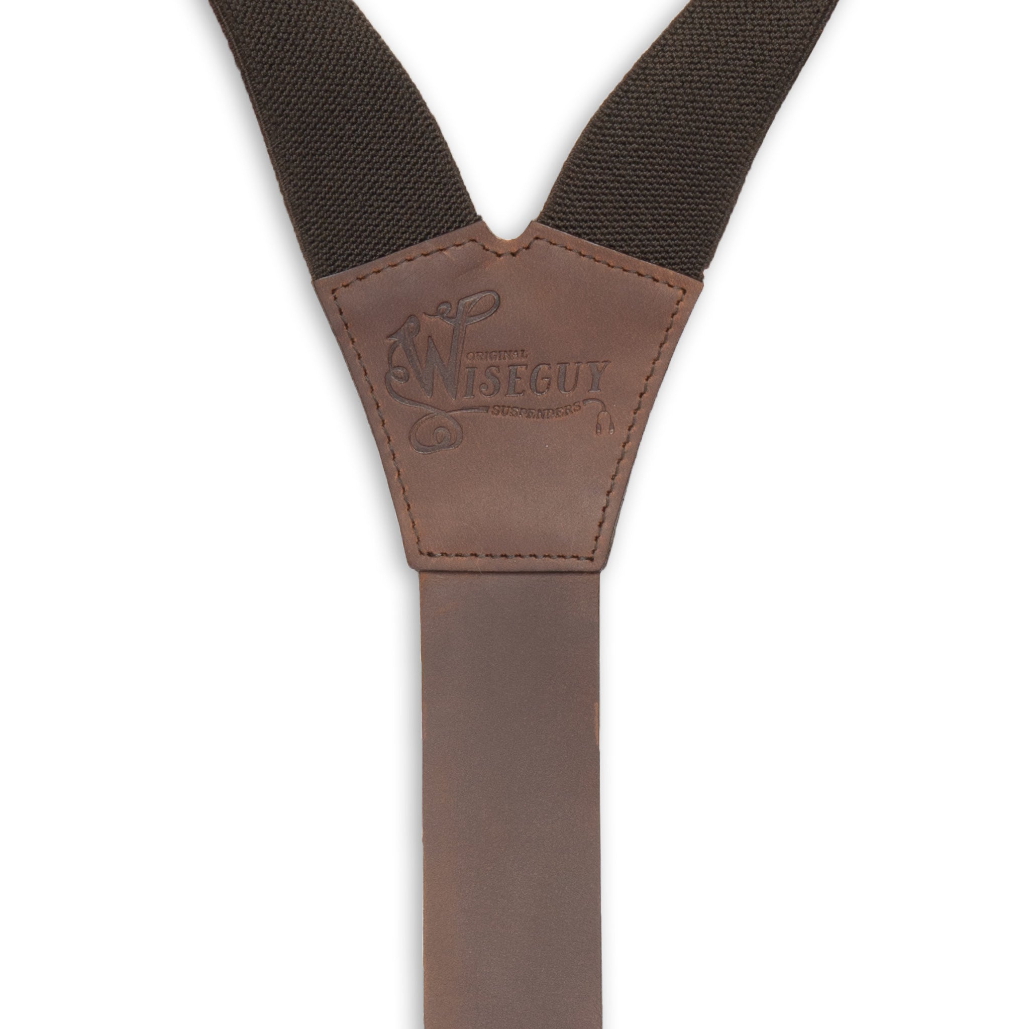 Back detail of Brown Wiseguy Charger Suspenders with logo embossed on Dark Brown Authentic Nubuck Leather Y-connector.