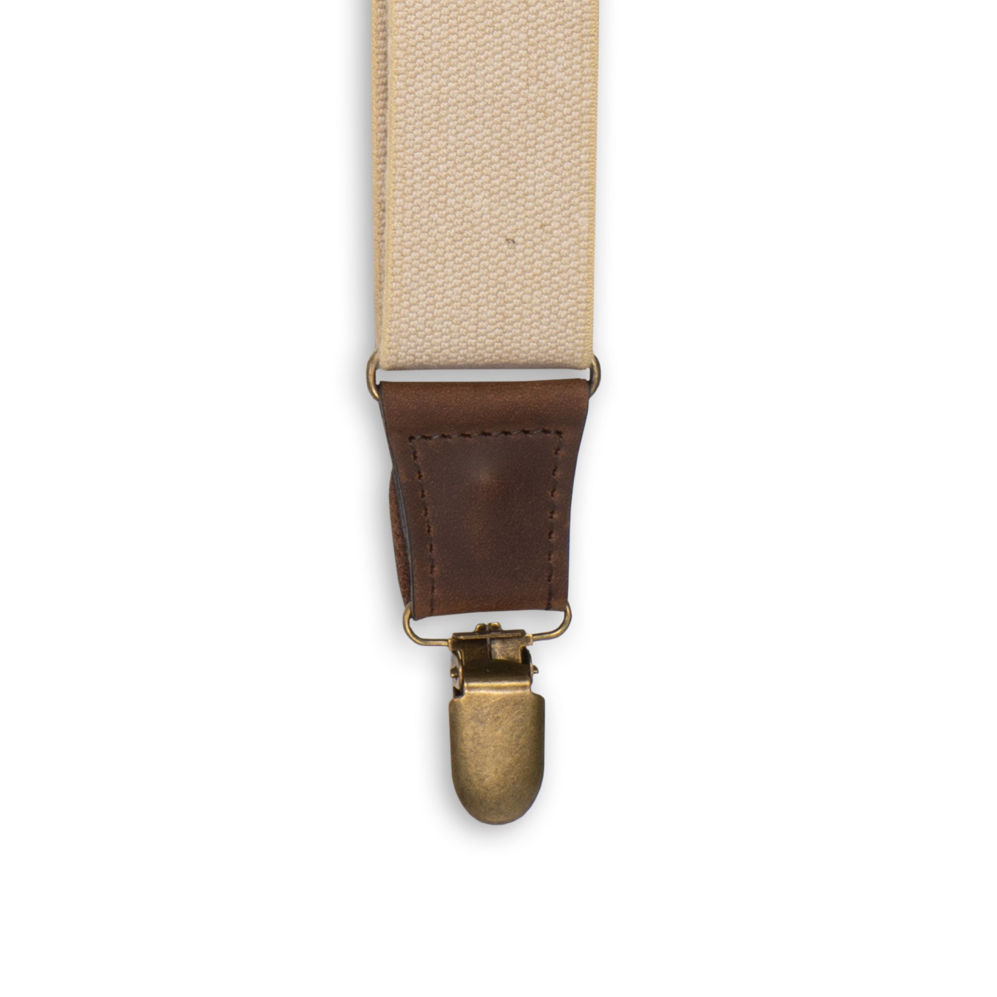 Close-up of Brass Metal Clip with Dark Brown Authentic Nubuck Leather Connector on Wiseguy Charger Suspenders