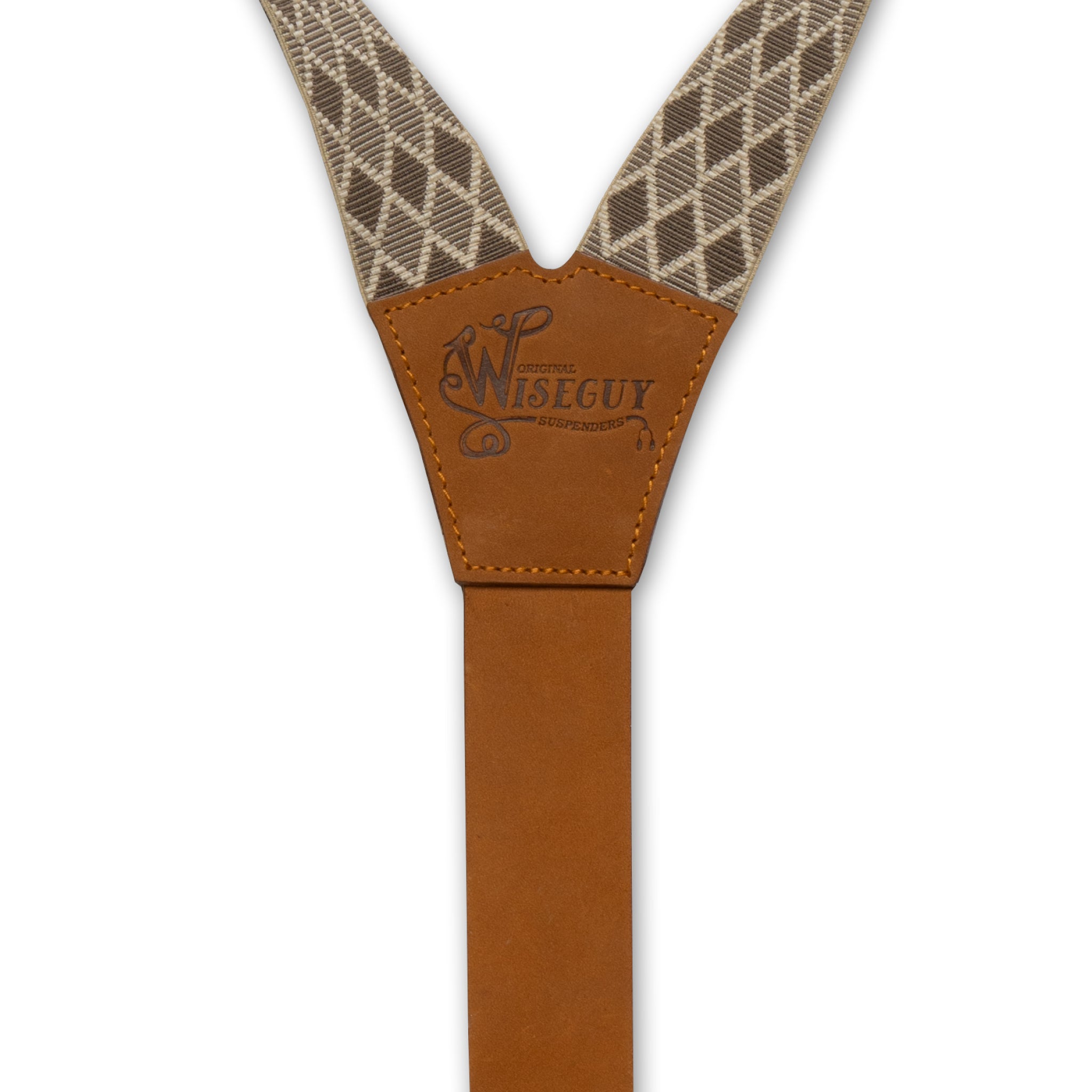 Back detail of Wiseguy Charger suspenders with embossed logo on Camel Authentic Nubuck Leather Y-connector.