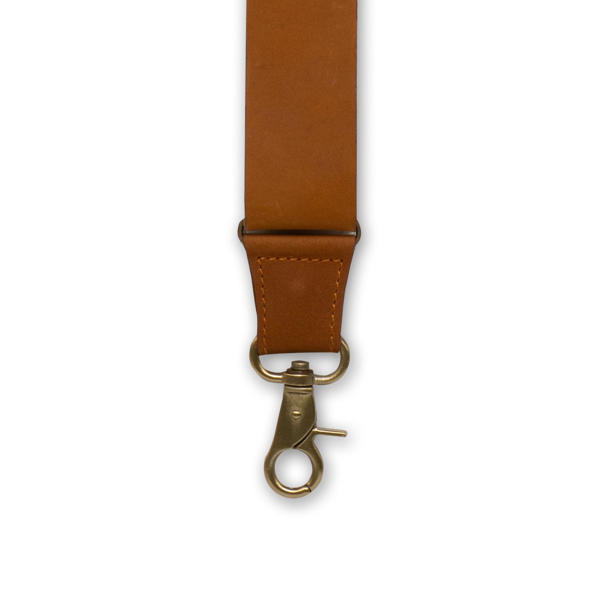 Close-up of Brass Metal Clip with a Camel Authentic Nubuck Leather Connector on Wiseguy Charger Suspenders