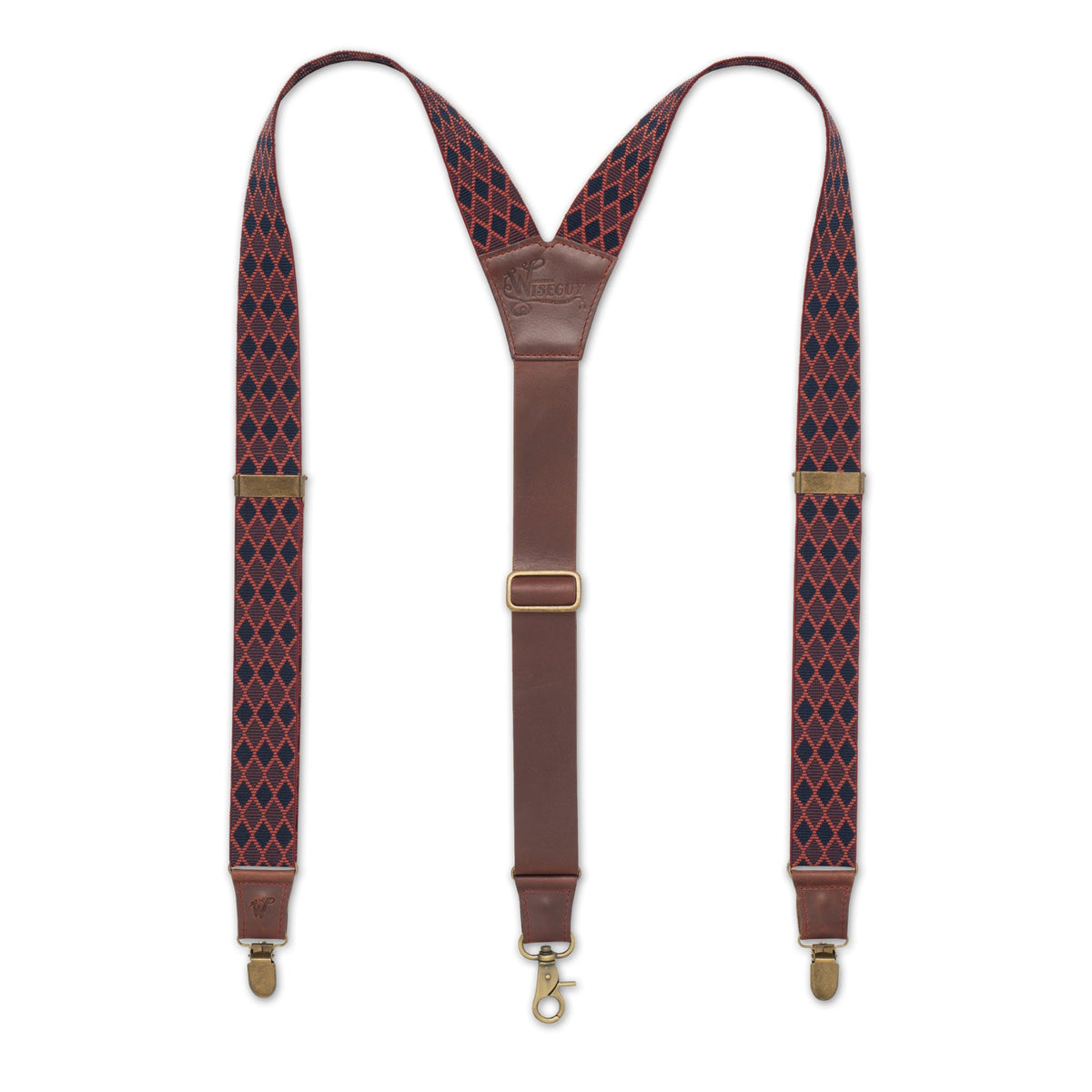 Flat lay of Burgundy Oxblood Wiseguy Charger Suspenders with European elastic webbing in a diamond design, Authentic Nubuck leather straps, Metal parts in the color Brass and a Y-back design.