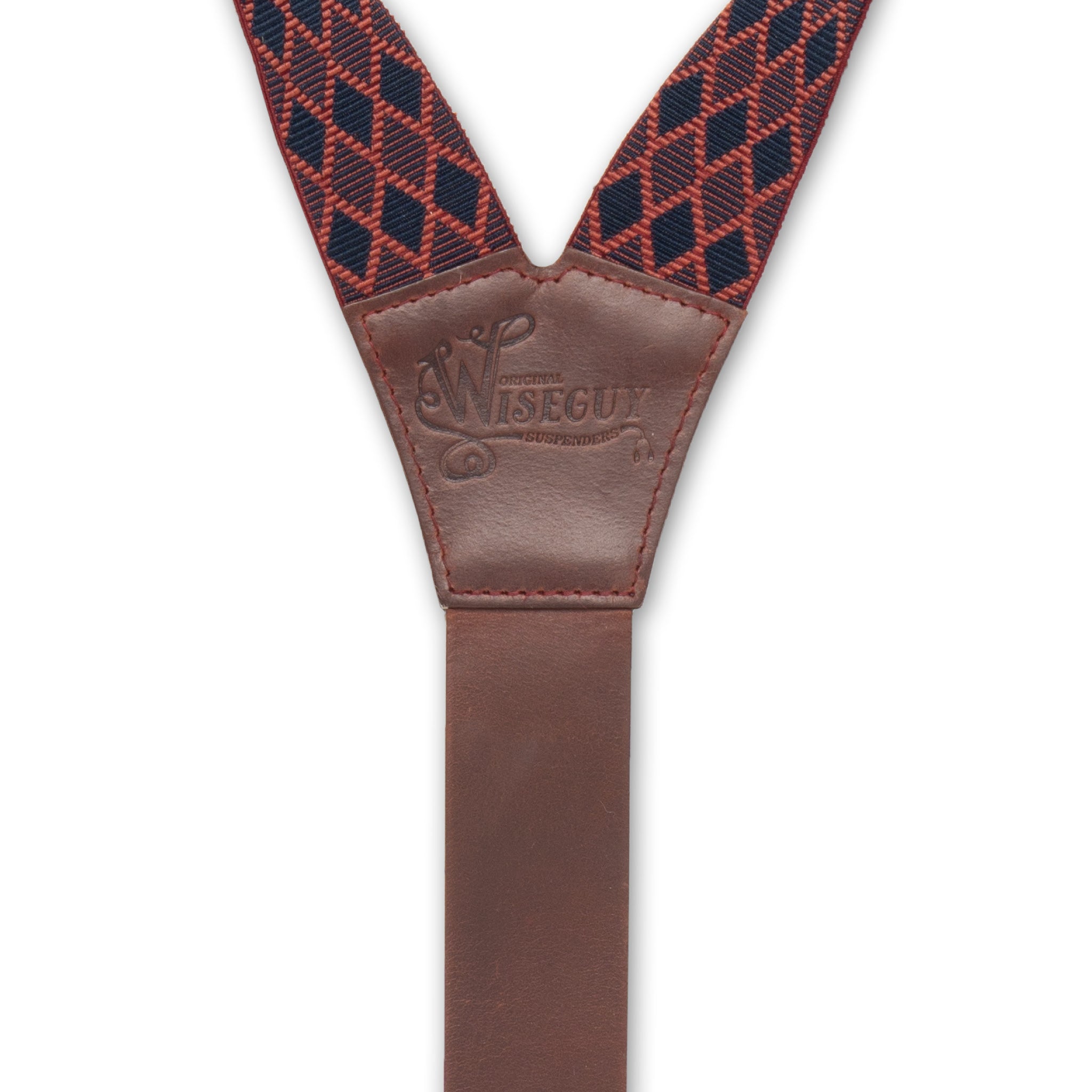 Back detail of Wiseguy Charger suspenders with embossed logo on Burgundy Authentic Nubuck Leather Y-connector and Metal parts in the color Brass.