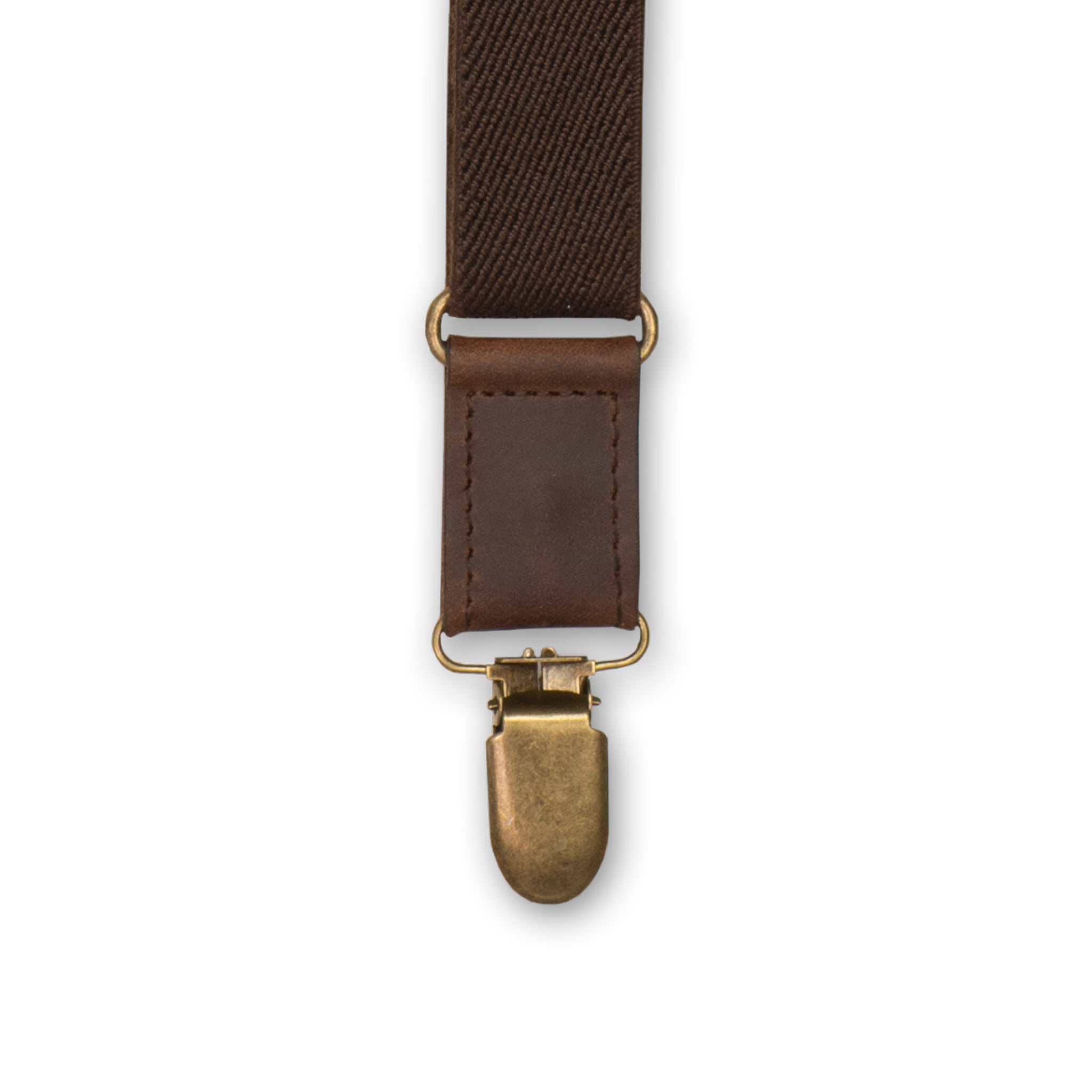 Close-up of brass metal clip with Dark Brown Authentic Nubuck Leather connector on Wiseguy Associate Flex Suspenders.