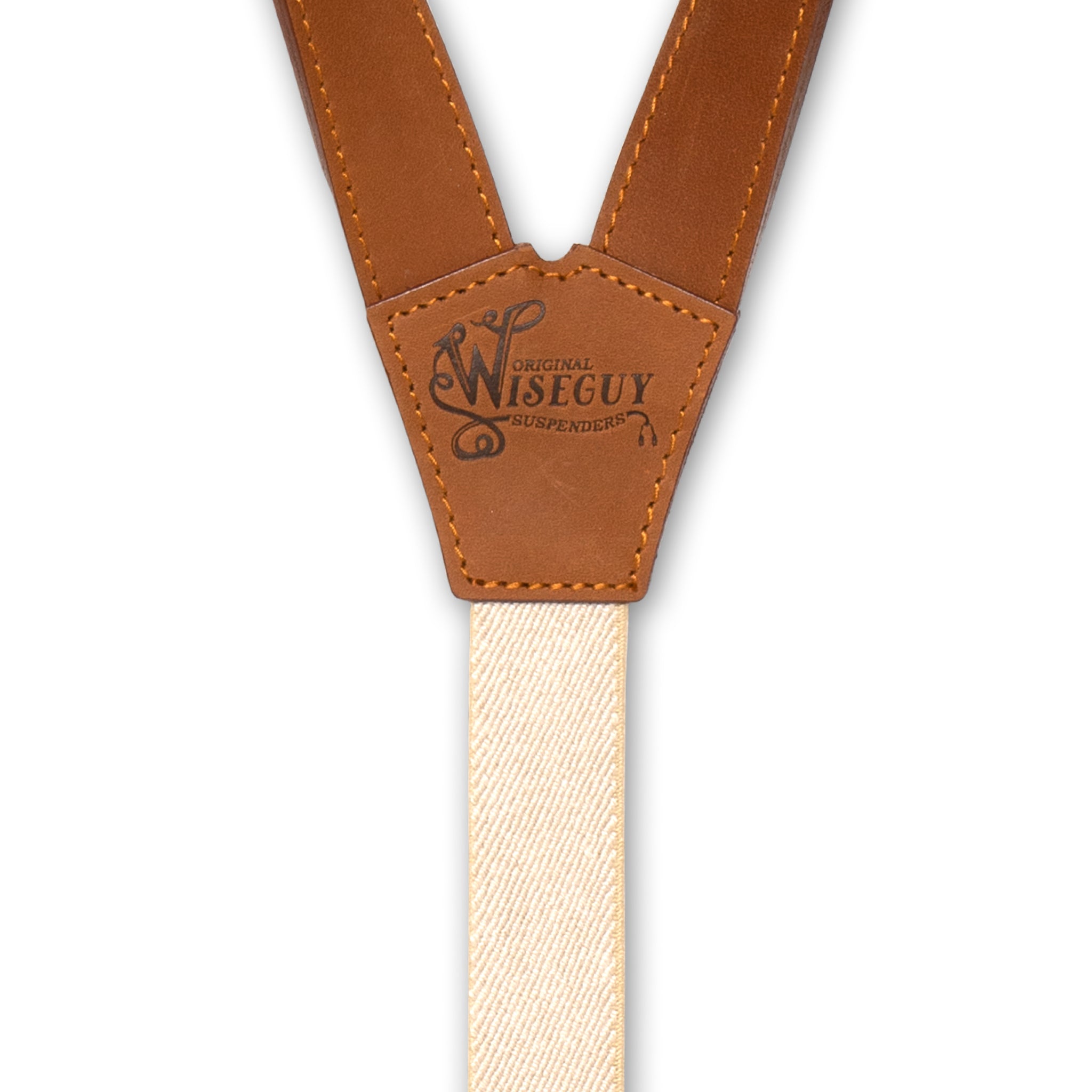 Back detail of Beige Wiseguy Associate Flex Suspenders with embossed logo on Camel Brown Authentic Nubuck Leather Y-connector.