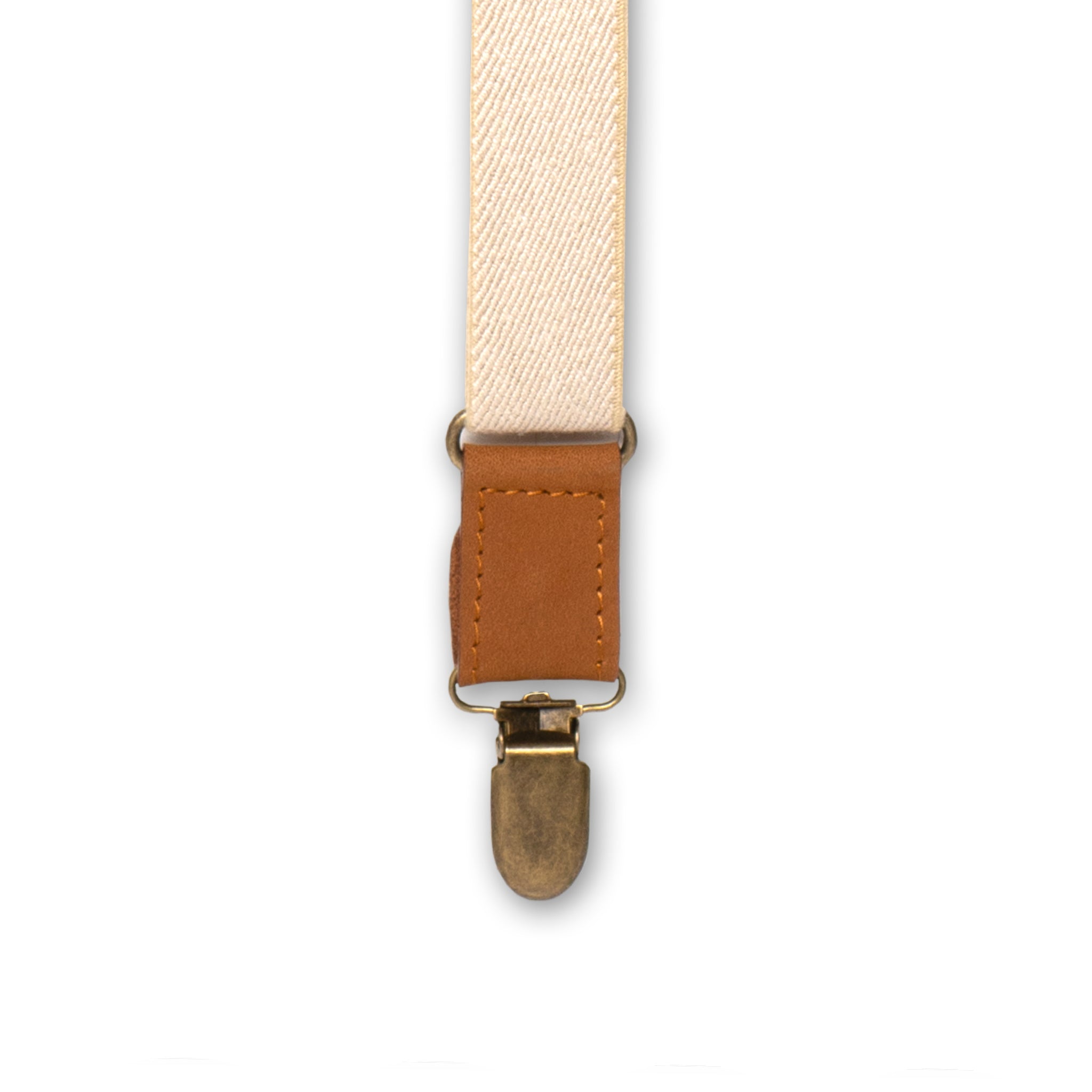 Close-up of Brass Metal Clip with Camel Brown Authentic Nubuck Leather Connector on Wiseguy Associate Flex suspenders.