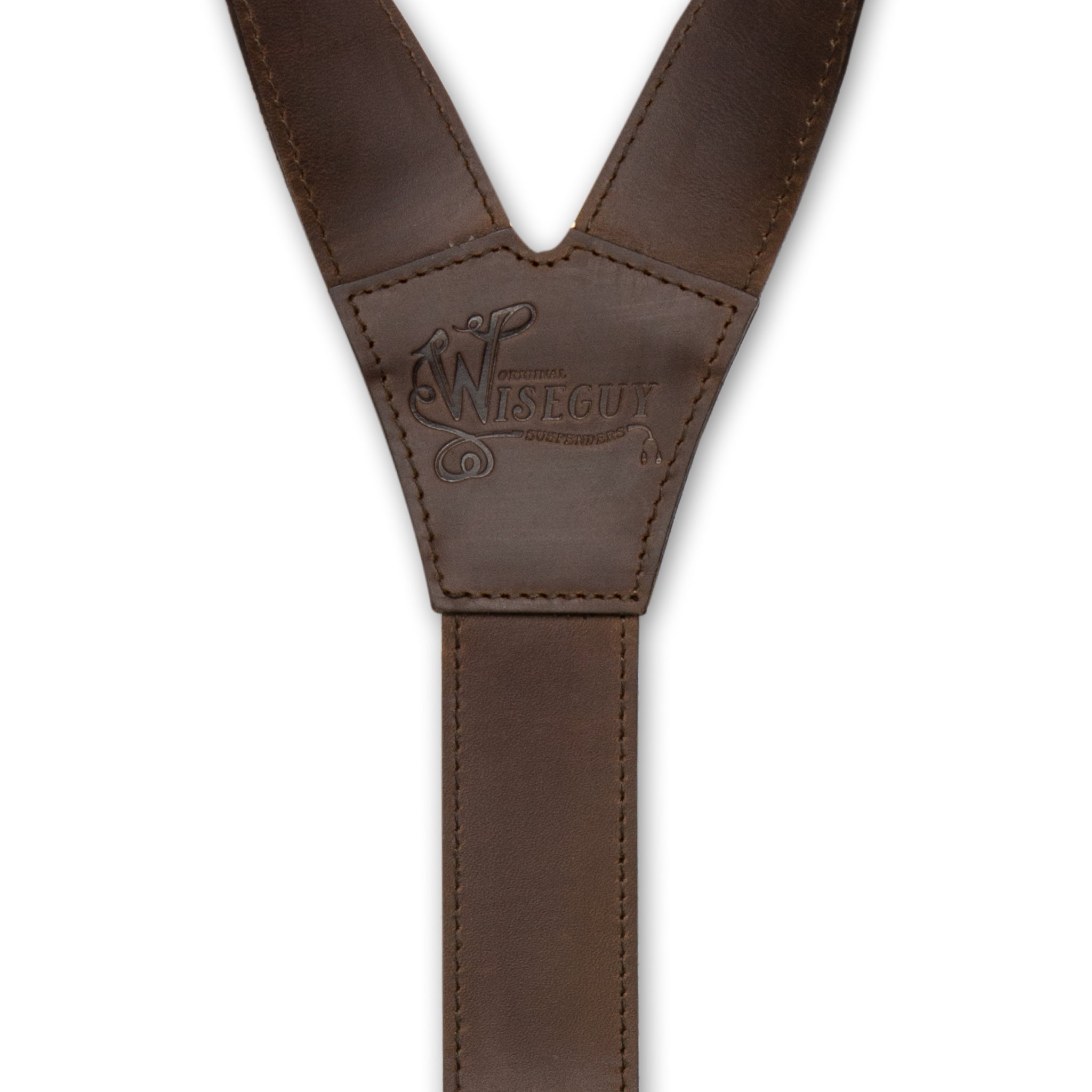 Back detail of Dark Brown Billy the Kid Suspenders with logo embossed on Authentic Nubuck Leather Connector