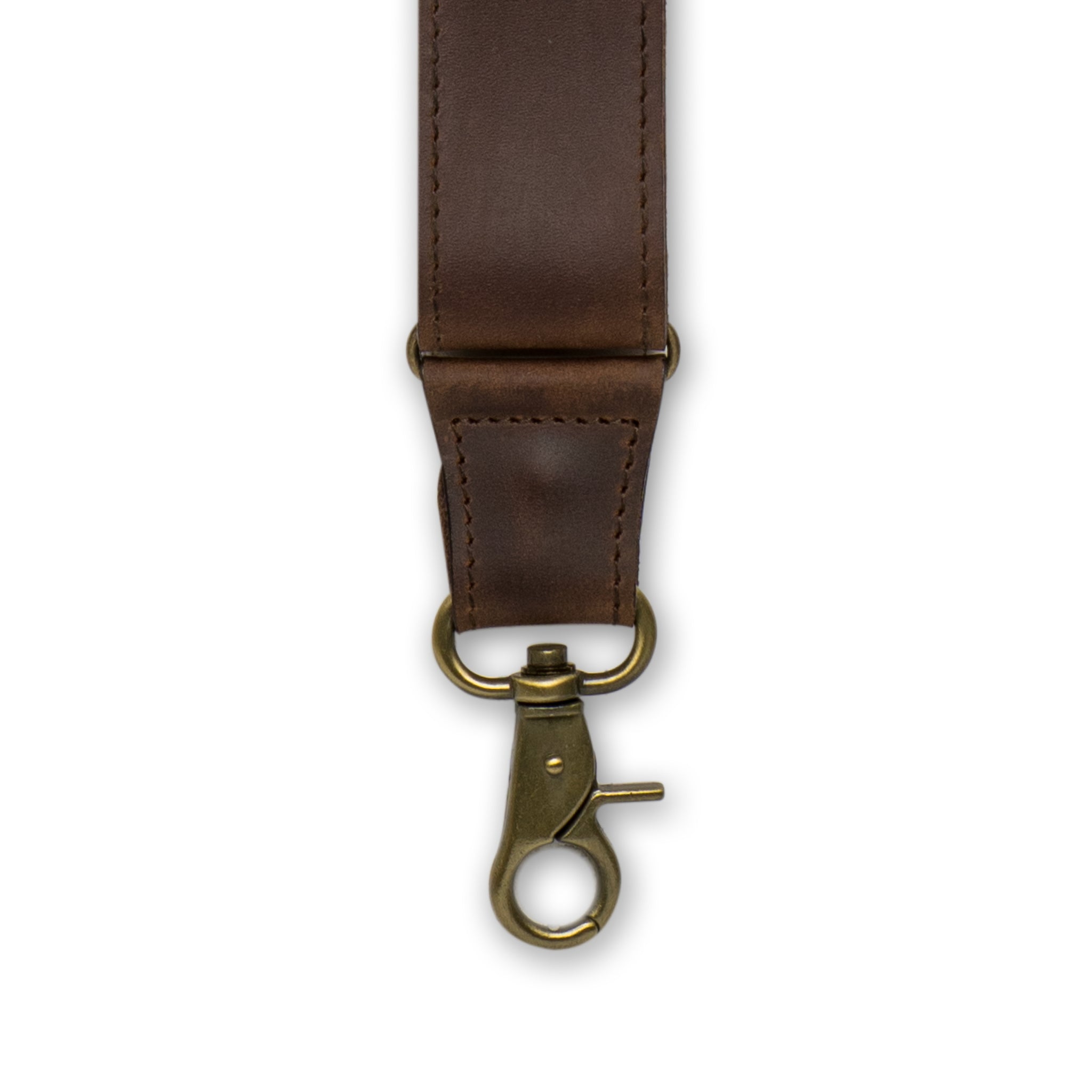 Close-up of Brass Metal Hook with Dark Brown Authentic Nubuck Leather Connector on Wiseguy Billy The Kid Suspenders