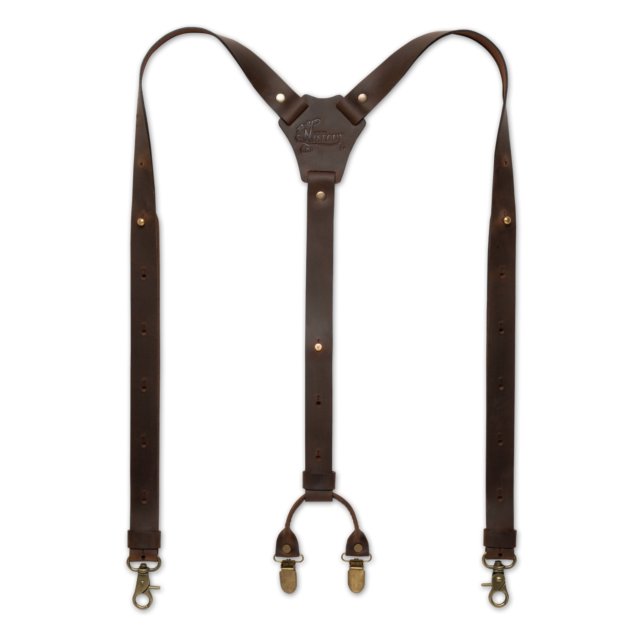 Flat Lay of Dark Brown Wiseguy Crazy Horse Suspenders with Authentic Nubuck Leather straps, brass metal parts and Y-back design