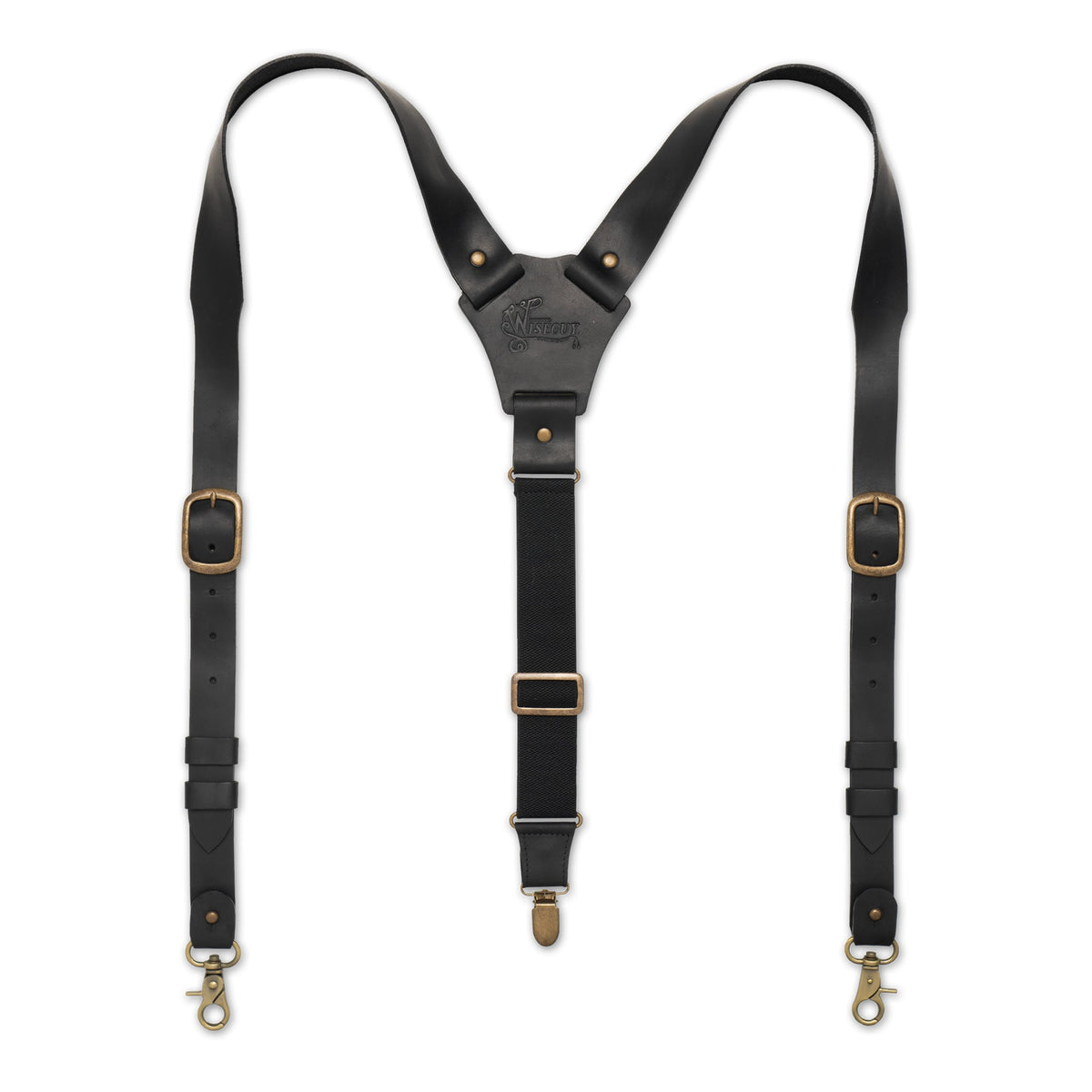 Flat lay of black Wiseguy Hershel suspenders with wide leather straps, brass clips, and Y-back design