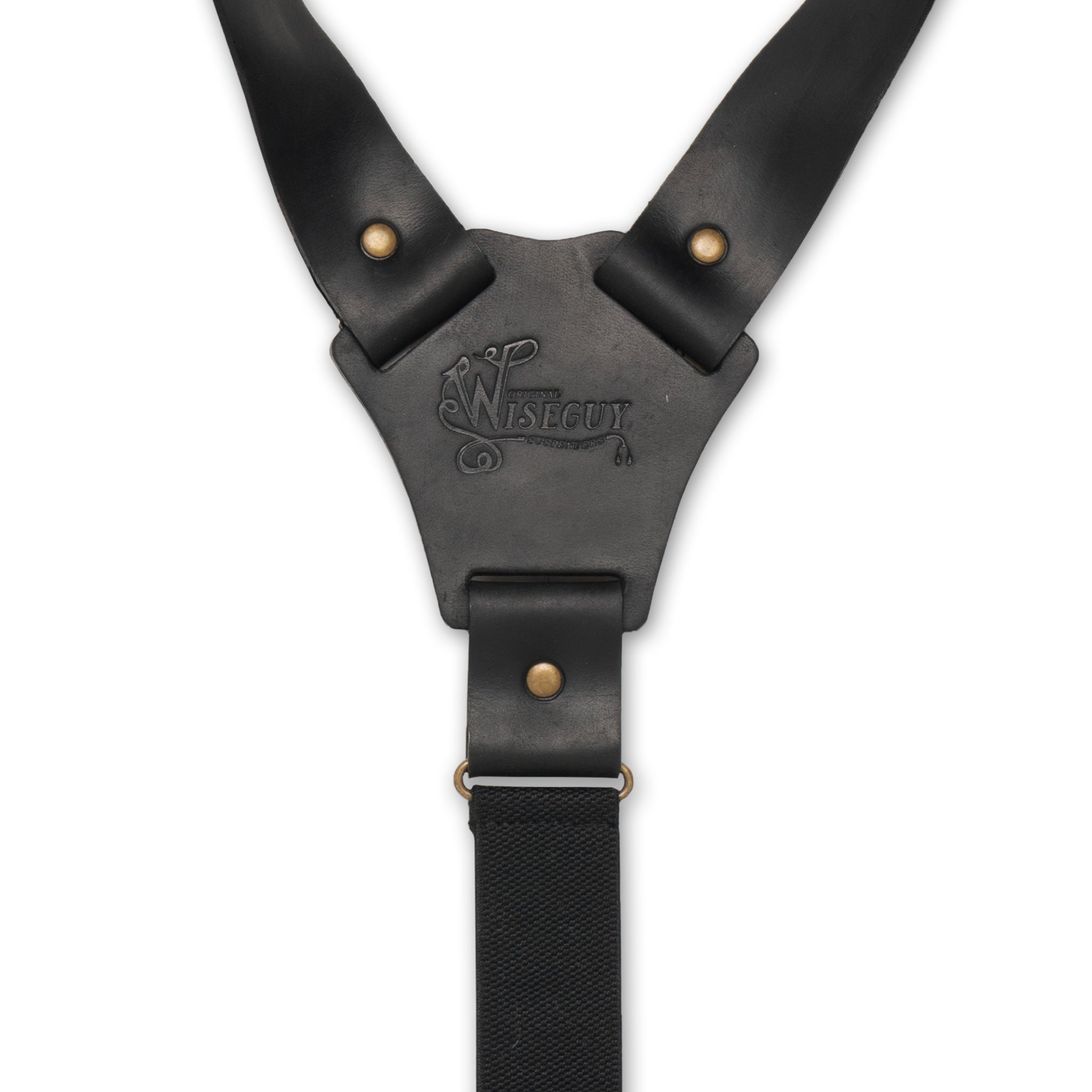 Back detail of Wiseguy Hershel suspenders with embossed logo on black leather Y-connector and brass hardware