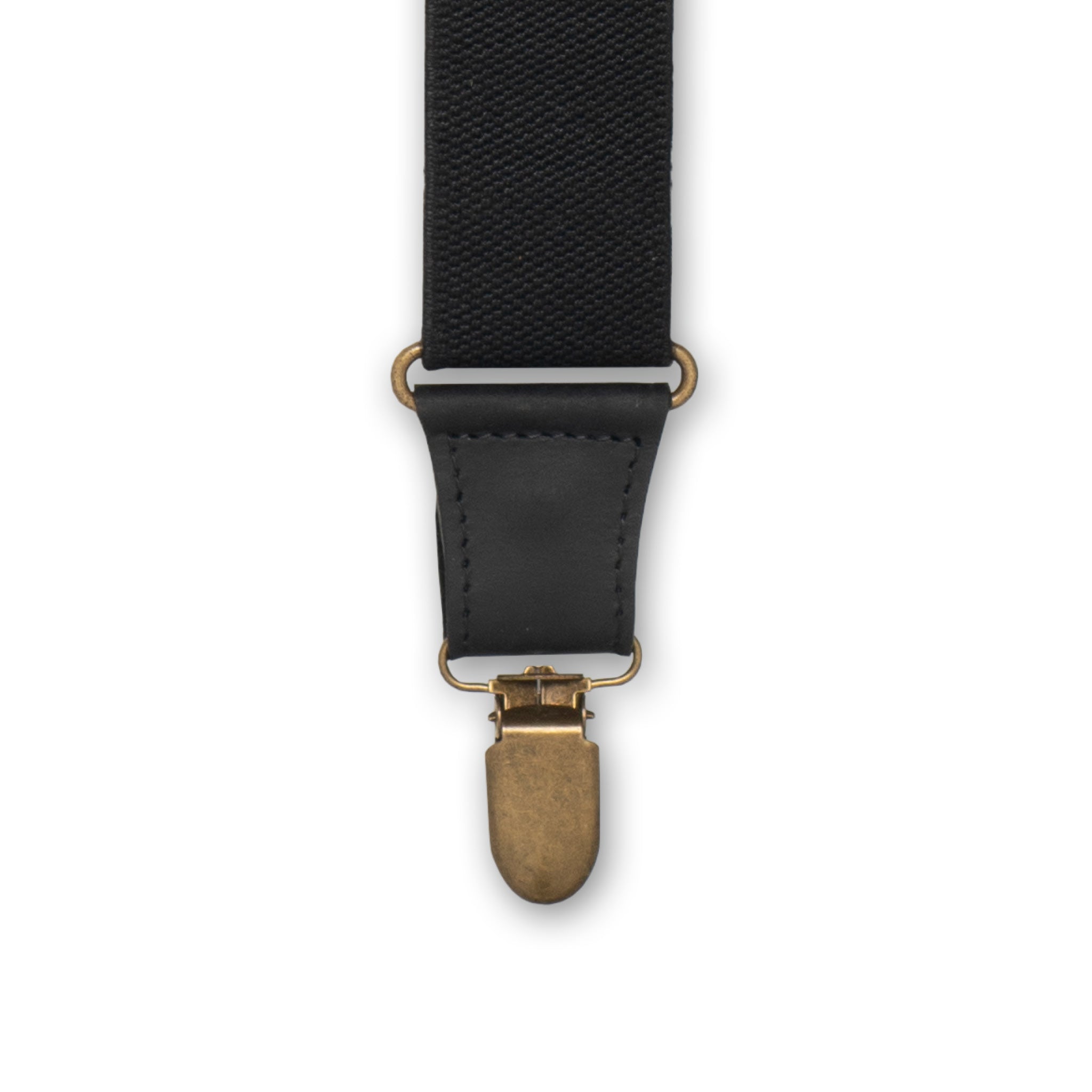 Close-up of antique brass clip with black leather connector on Wiseguy Hershel suspenders