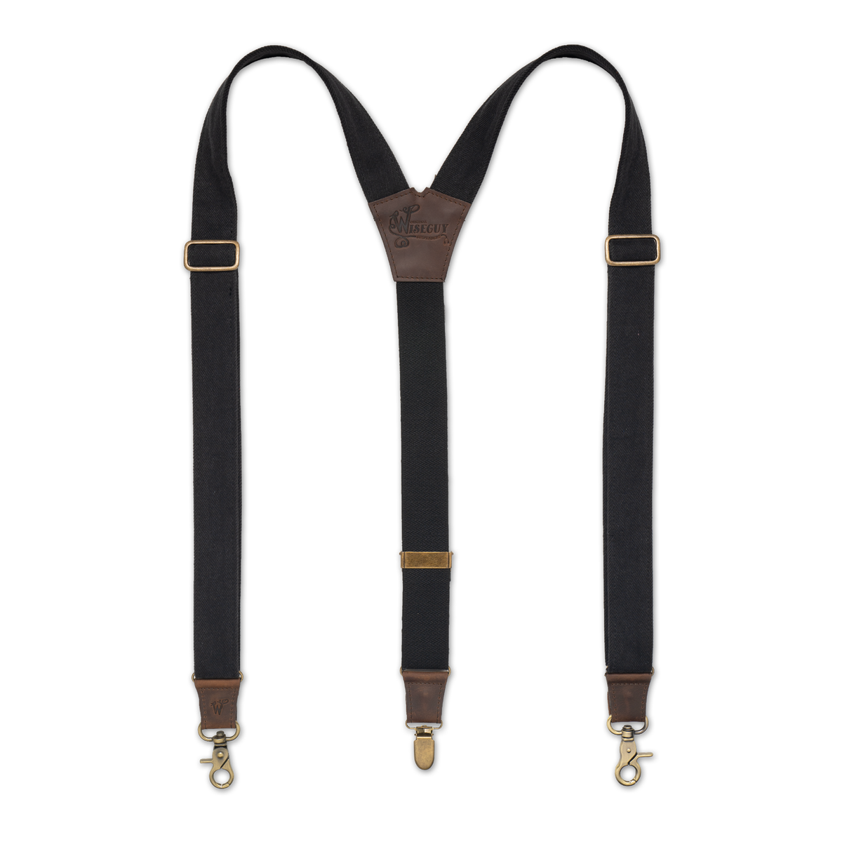 Flat lay of Black Wiseguy Duck Suspenders with Dark Brown Authentic Nubuck Leather parts, Duck Canvas Straps, Brass metal hardware and Y-back design.