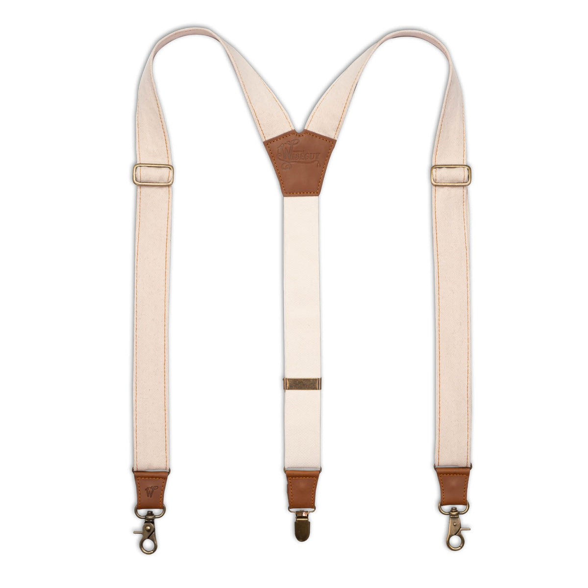 Flat lay of Ivory White Wiseguy Duck Suspenders with Camel Brown Authentic Nubuck Leather parts, Cotton Duck Canvas Straps, Brass metal hardware and Y-back design.