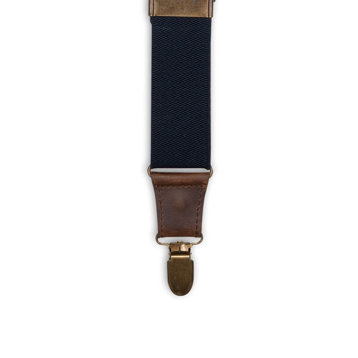 Close-up of Brass Metal Clip with Dark Brown Authentic Nubuck Leather connector on Wiseguy Duck Suspenders