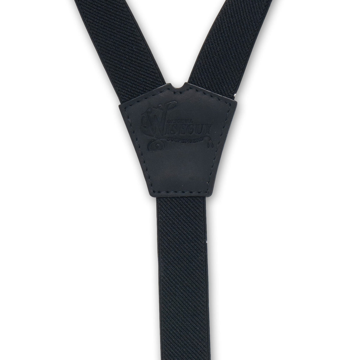 Back detal of Black Wiseguy Essential Suspenders with embossed logo on Authentic Nubuck Black Leather Y-connector
