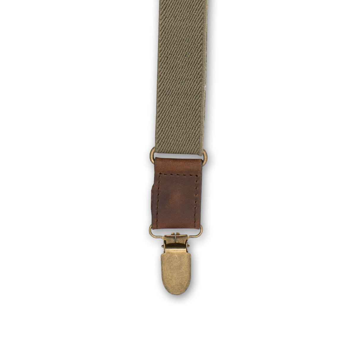 Close-up of Brass Metal Clip with Dark Brown Authentic Nubuck Leather connector on Wiseguy Essential Suspenders