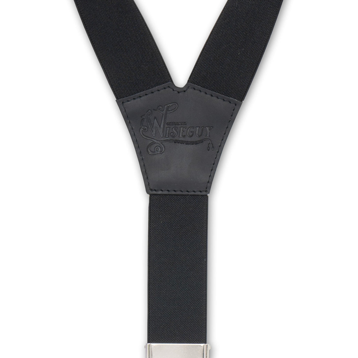 Back detail of Soul Black Wiseguy Essential Suspenders with embossed logo on authentic Nubuck black leather Y-connector