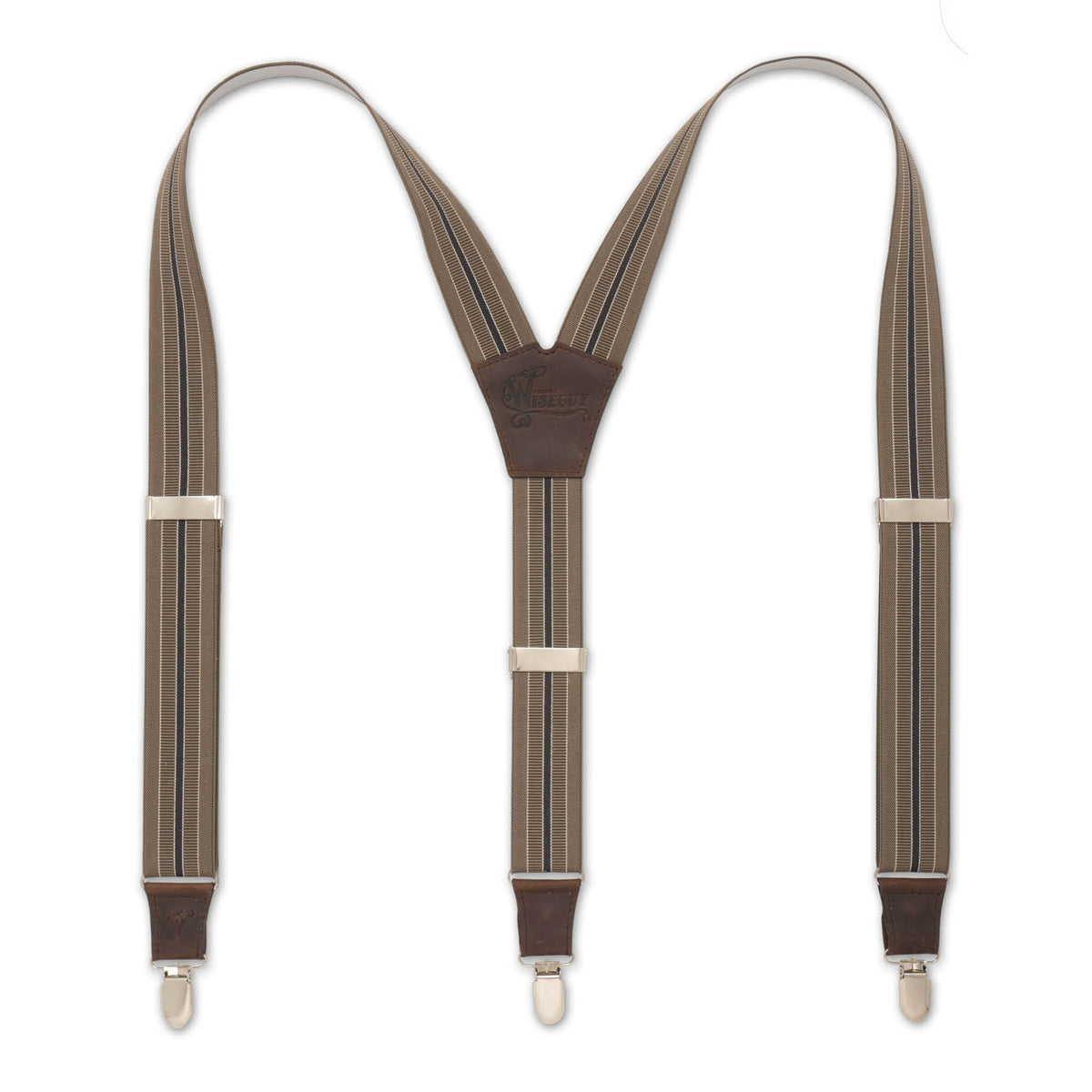 Flat lay of Brown Striped Wiseguy Dapper Suspenders with Dark Brown Authentic Nubuck Leather parts and European Elastic Webbing Straps, Silver metal parts and Y-back design