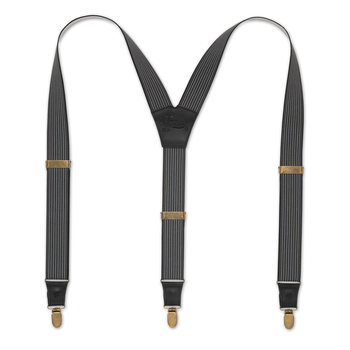 Flat lay of Gray Striped Wiseguy Dapper Suspenders with Black Authentic Nubuck Leather Parts and European Elastic Webbing Straps, Brass Metal Parts and Y-back Design