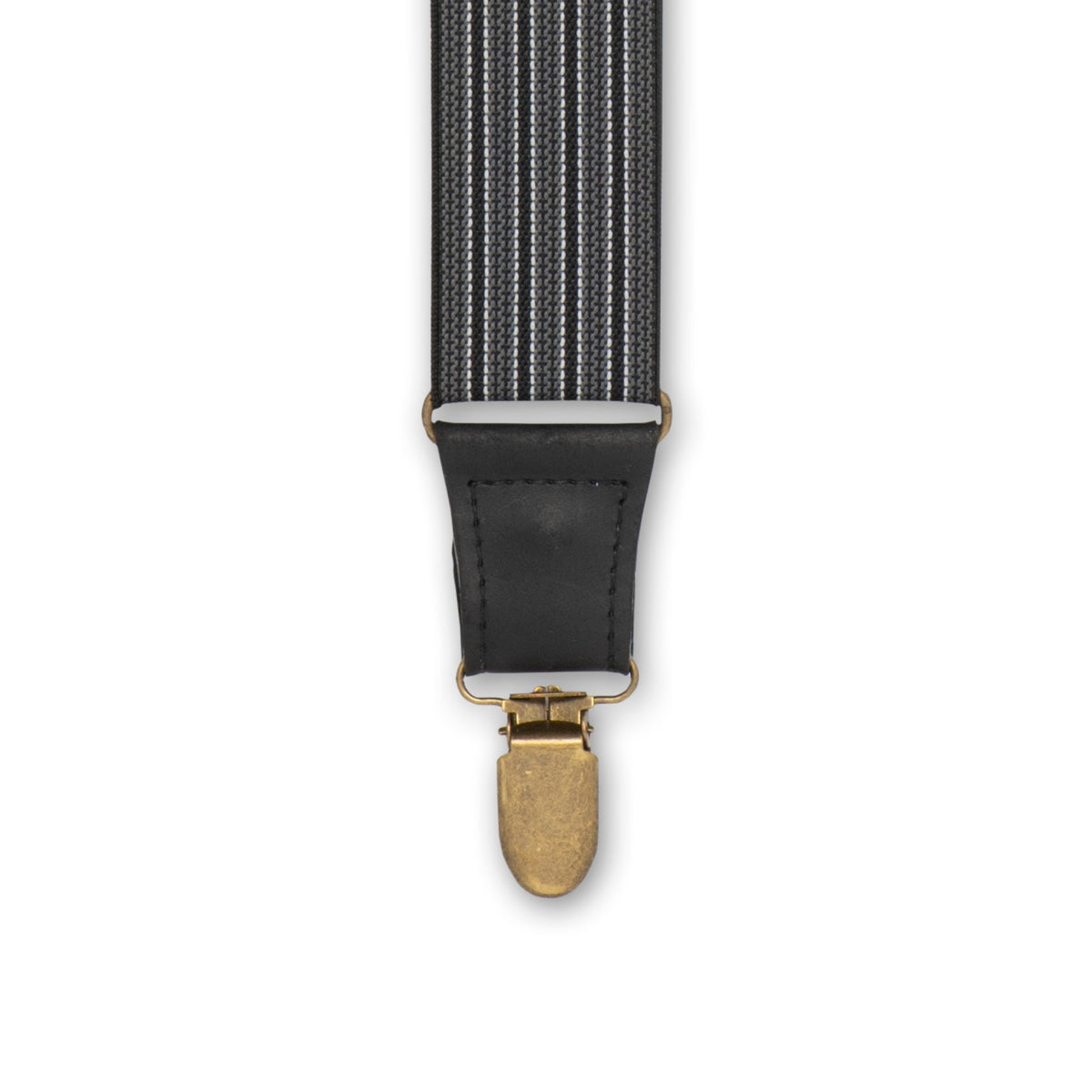 Close-up of Brass Metal Clip with Black Authentic Nubuck Leather Connector on Wiseguy Dapper Suspenders