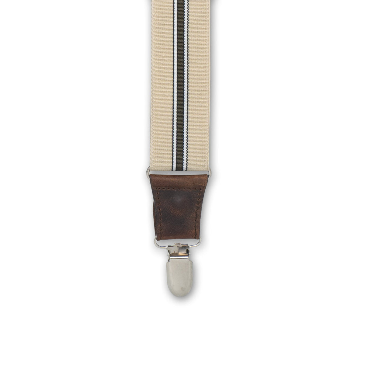 Close-up of Silver Metal Clip with Dark Brown Authentic Nubuck Leather Connector on Wiseguy Dapper Suspenders