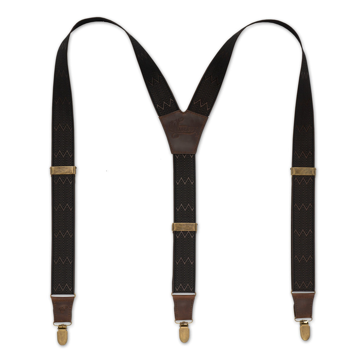 Flat lay of Chocolate Wiseguy Dapper Suspenders with European elastic webbing in Herringbone design and Authentic Nubuck leather straps, Metal parts in the color Brass and a Y-back design.
