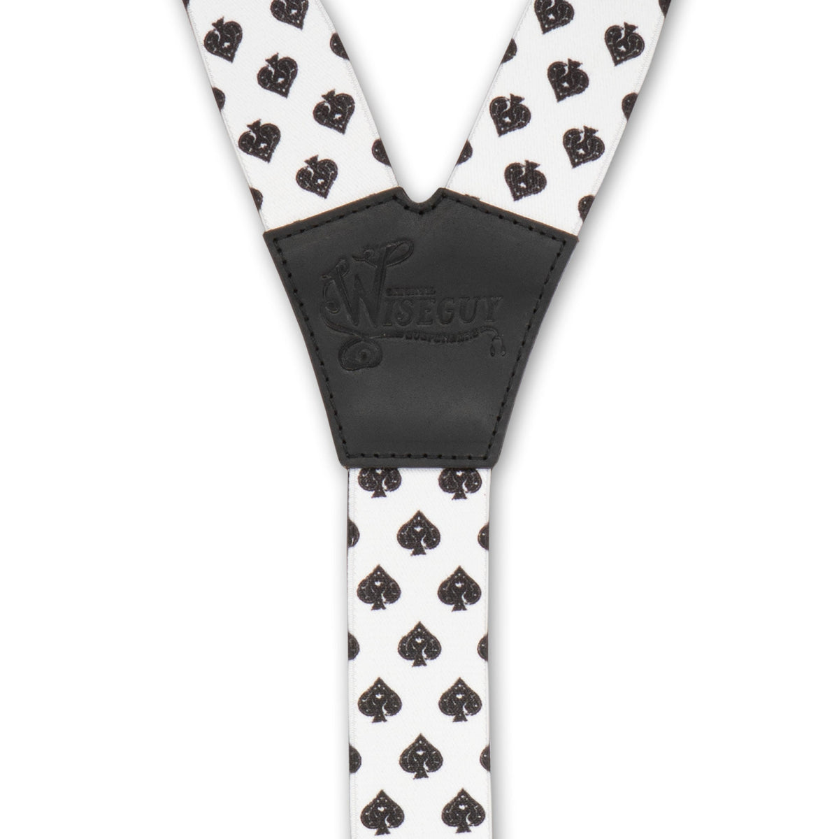 Back detail of White Spades Wiseguy Essential Suspenders with embossed logo on Black Authentic Nubuck Leather Y-connector