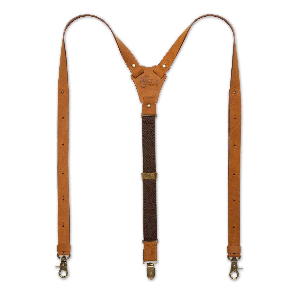 Flat Lay of Brown Wiseguy Crazy Horse Flex Suspenders with Camel brown Authentic Nubuck Leather and European Elastic Webbing Straps, brass metal hardware and Y-back design.