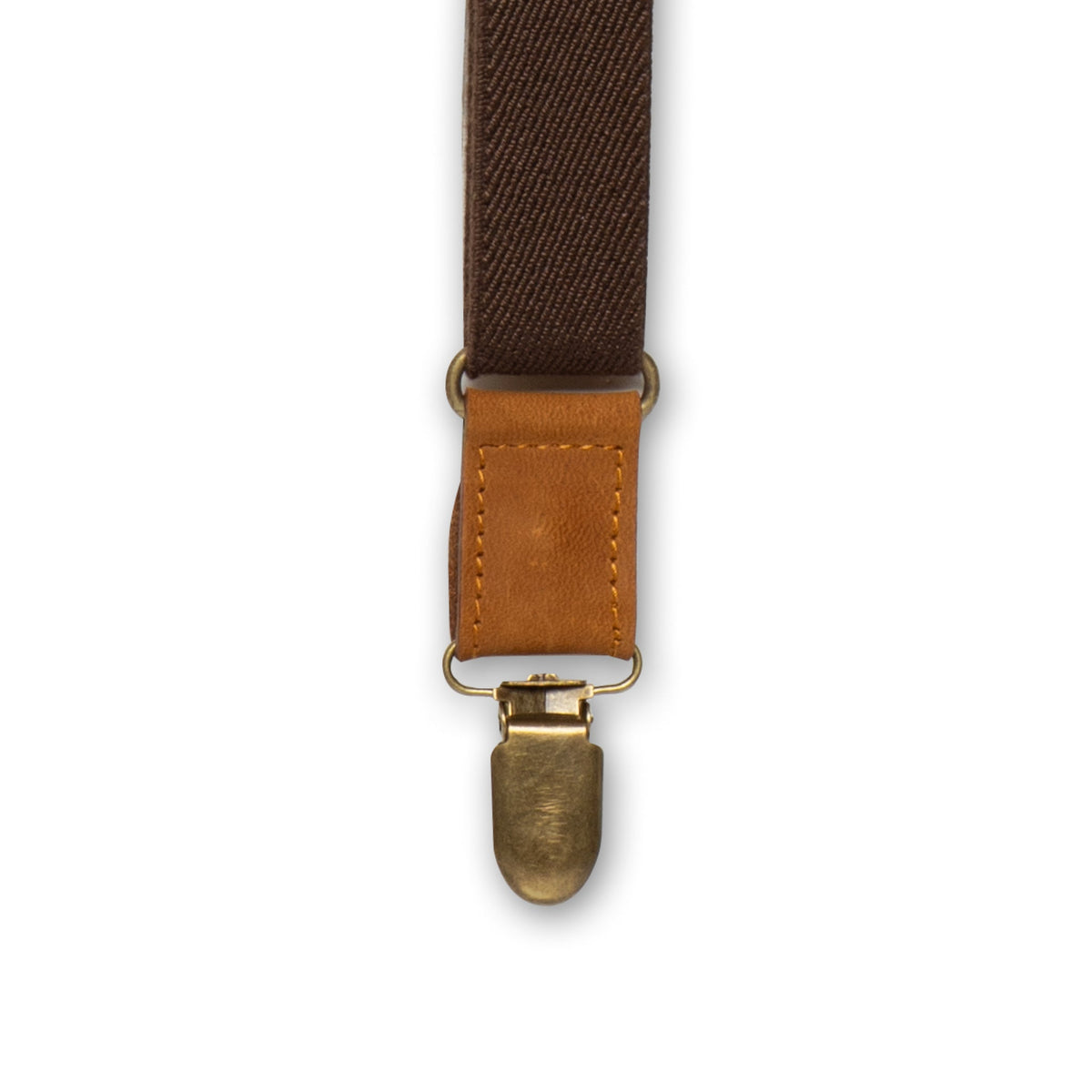 Close-up of brass metal clip with camel brown authentic Nubuck leather connector on Wiseguy Crazy Horse Flex suspenders.
