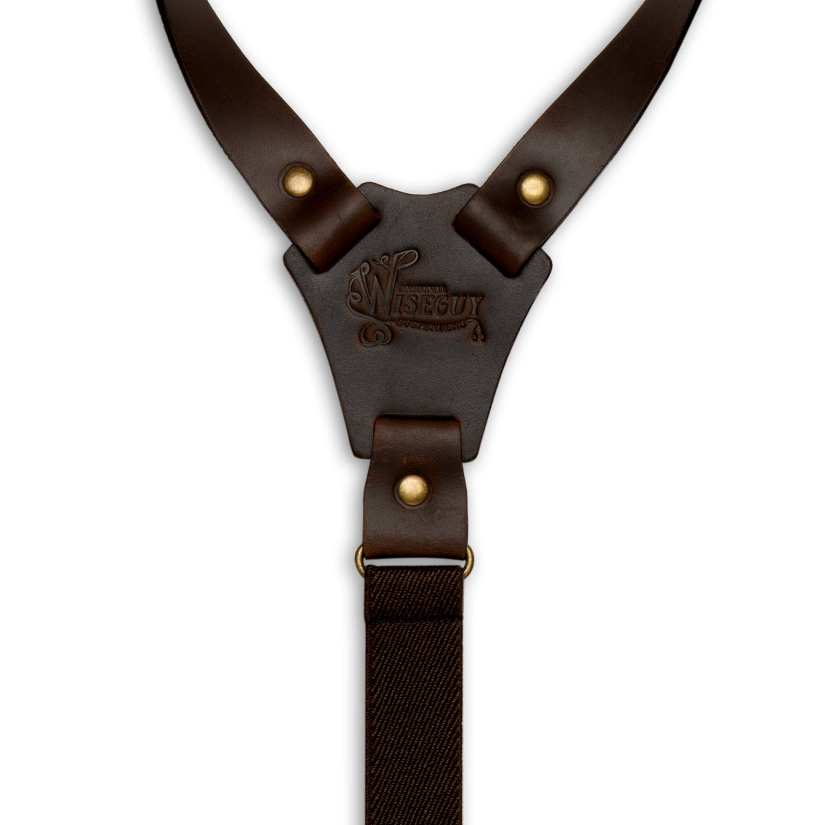 Back Detail of Dark Brown Wiseguy Crazy Horse Flex Suspender with embossed logo on Dark Brown Authentic Nubuck Leather Y-connector and Brass metal studs.