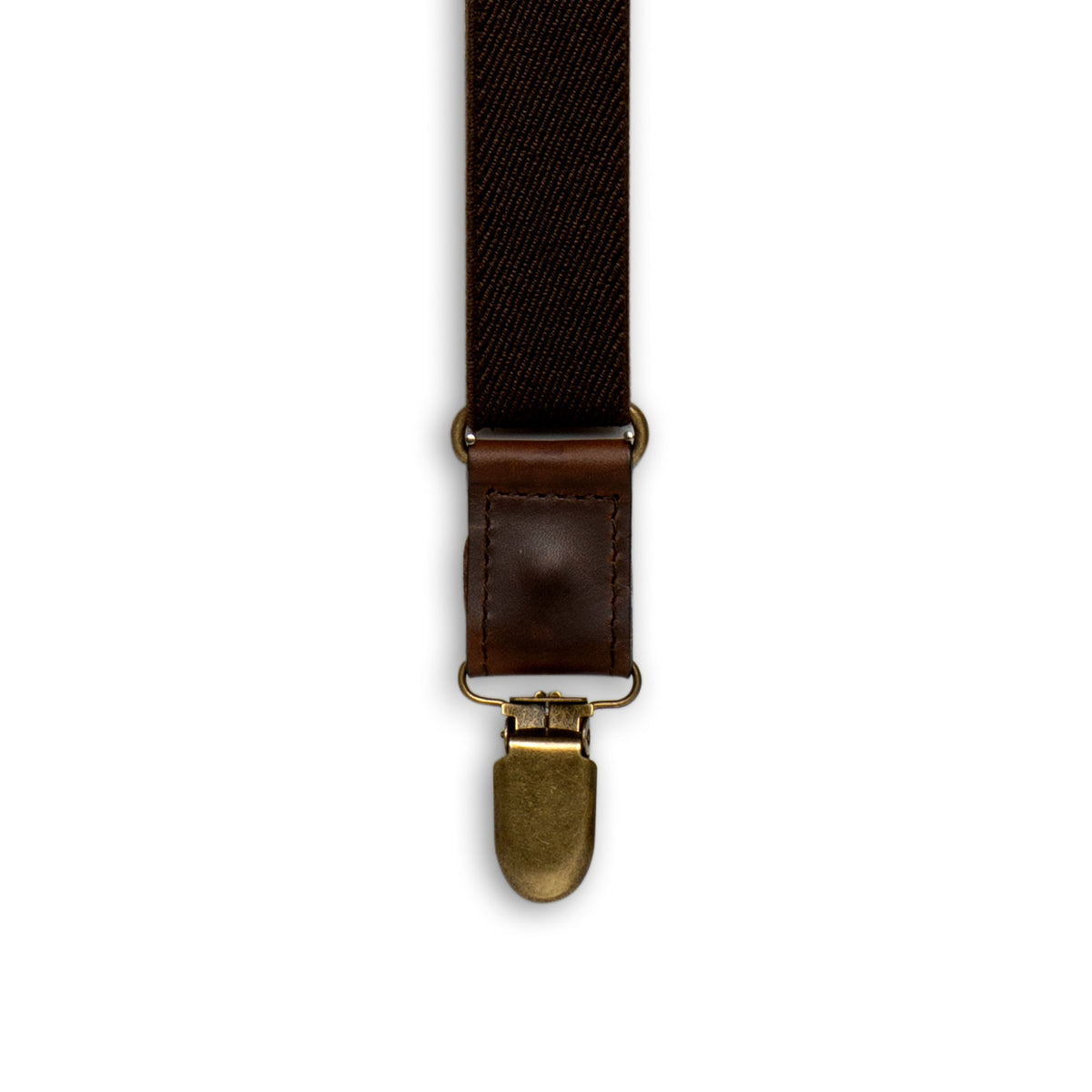 Close-up of Brass metal Clip with Dark Brown Authentic Nubuck leather connector on Wiseguy Crazy Horse Flex Suspenders.