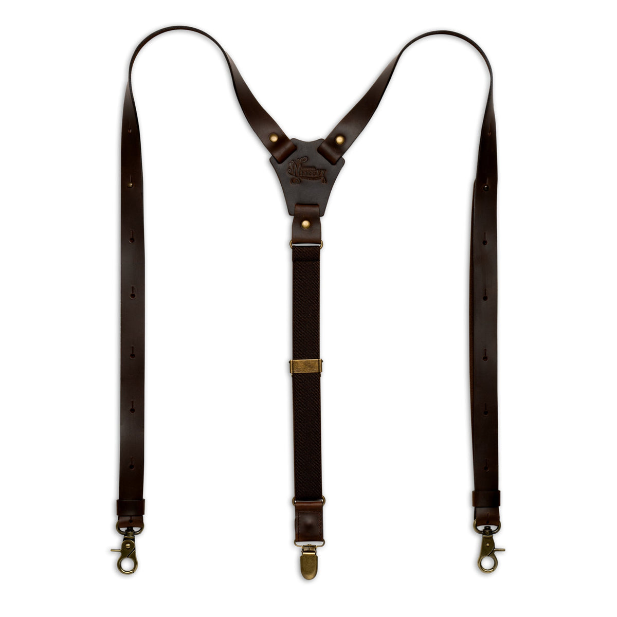 Flat lay of Dark Brown Wiseguy Crazy Horse Flex Suspenders with Dark Brown Authentic Nubuck Leather and European Elastic webbing straps, Brass metal hardware and Y-back design.