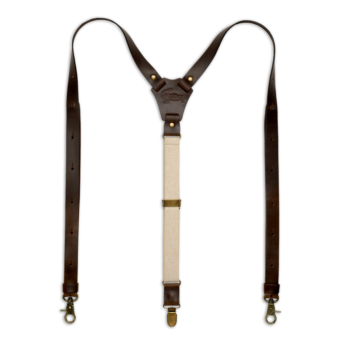 Flat lay of Beige Wiseguy Crazy Horse Flex Suspenders with Dark Brown Authentic Nubuck Leather and European Elastic Webbing Straps, Brass metal hardware and Y-back design.