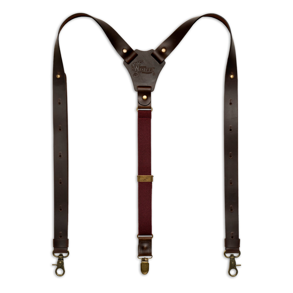 Flat lay of Burgundy Wiseguy Crazy Horse Flex Suspenders with Dark Brown Authentic leather parts and European Elastic Webbing Straps, Brass metal parts and Y-back design