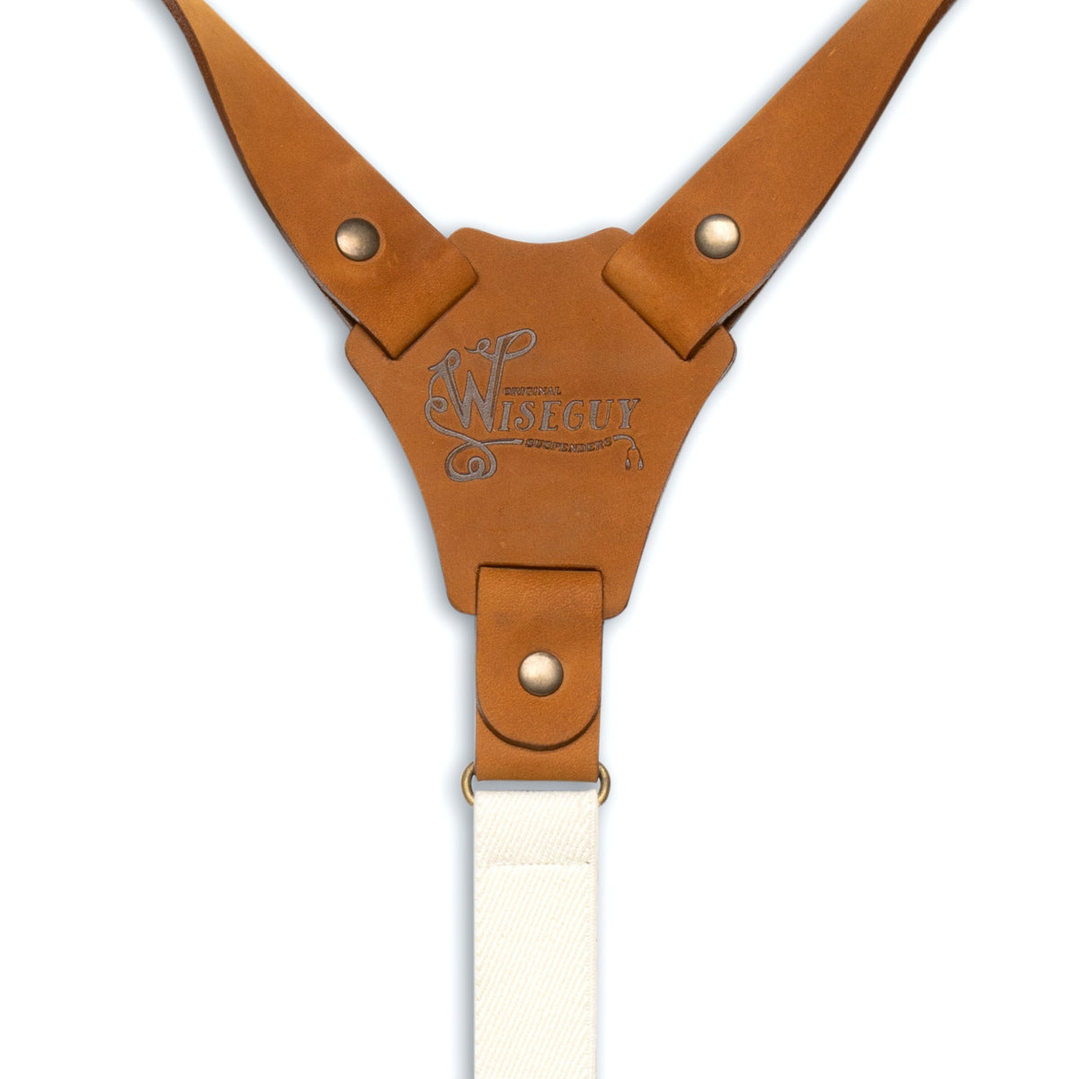 Back detail of White Wiseguy Crazy Horse Flex Suspenders with Embossed logo on Camel Brown Authentic Nubuck Leather Connector and Brass metal Studs