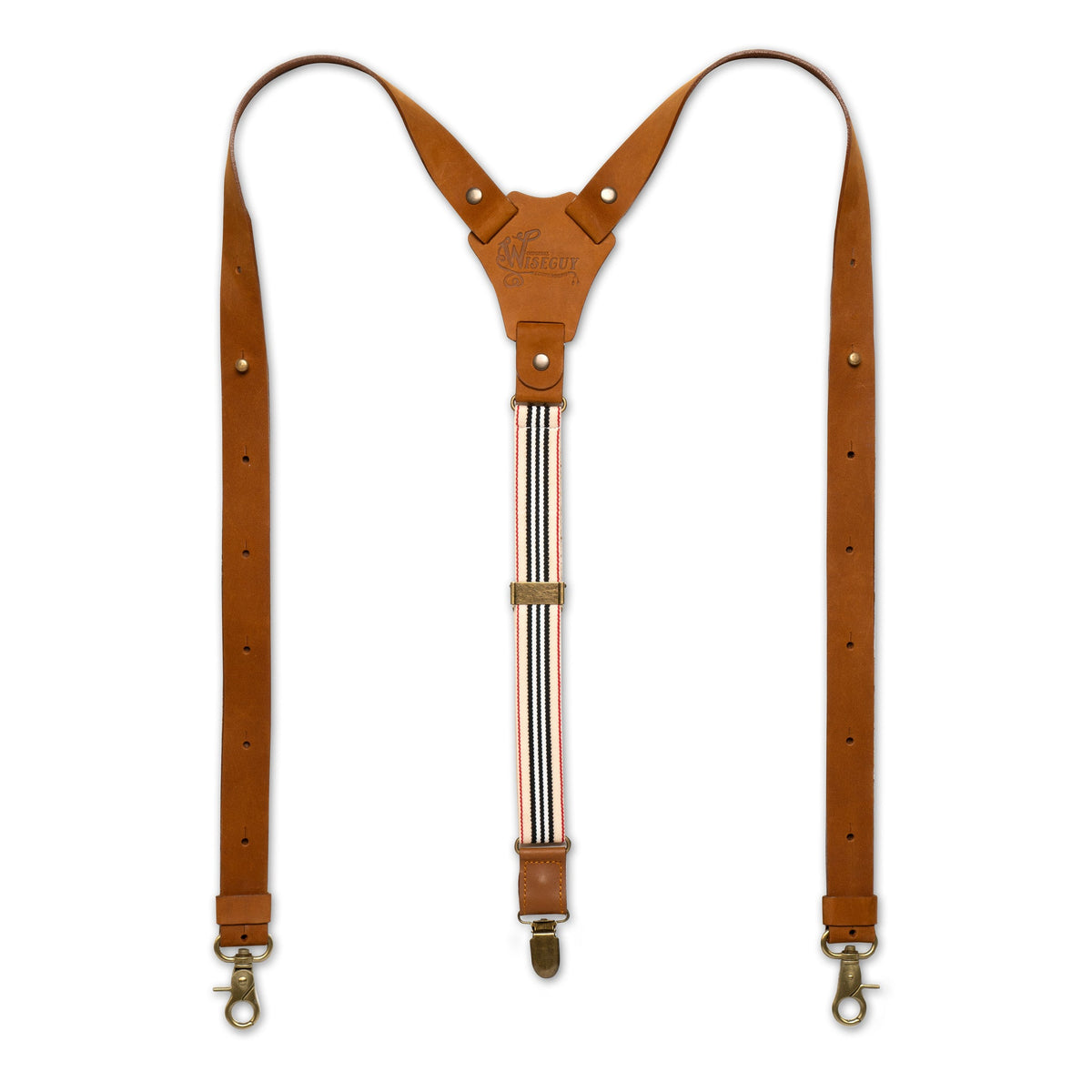 Flat Lay of white striped Wiseguy Crazy Horse Flex Suspenders with Camel Brown Authentic Nubuck Leather and European Elastic Webbing Straps, Brass Metal Hardware and Y-back design