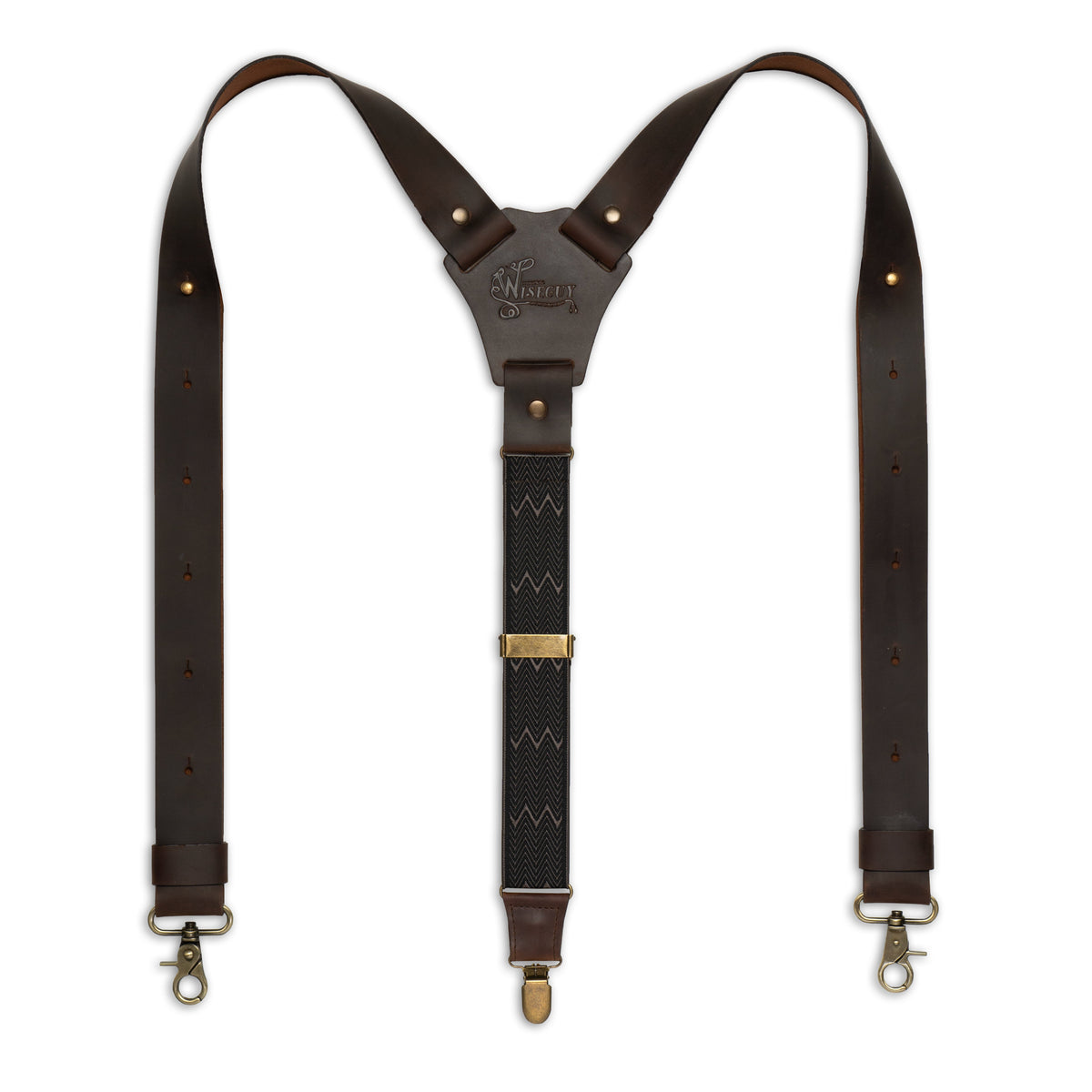 Flat lay of Dark Brown Wiseguy Crazy Horse Flex suspenders with European Elastic webbing in brown herringbone design and Dark Brown Authentic Nubuck leather straps, brass metal parts, and a Y-Back Design