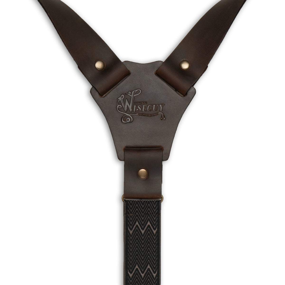 Back detail of Wiseguy Crazy Horse Flex Suspenders with embossed logo on Dark Brown Authentic Nubuck leather Y-connecter and brass metal studs