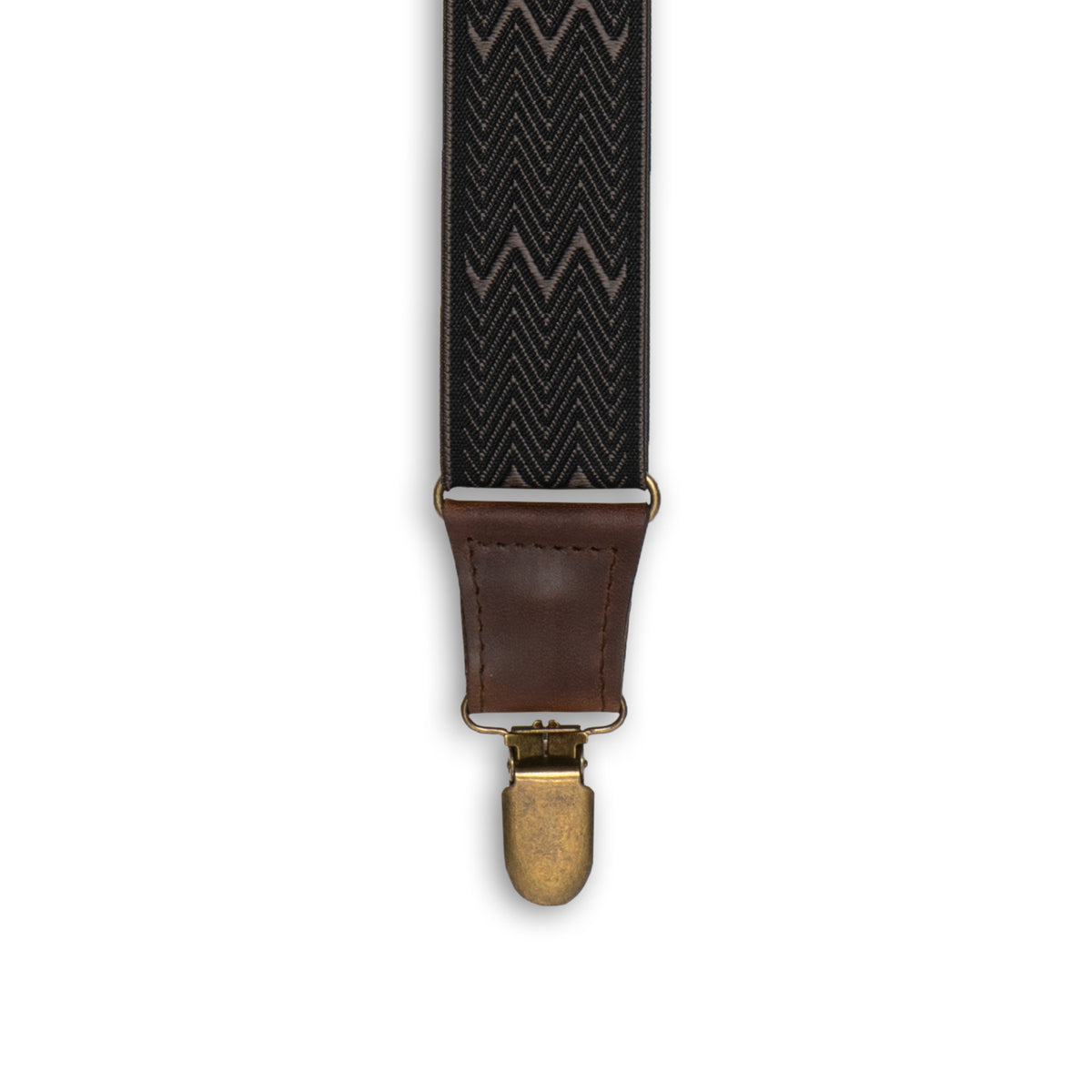 Close up of brass metal clip with Dark Brown Authentic Nubuck leather connector on Wiseguy Crazy Horse Flex suspenders