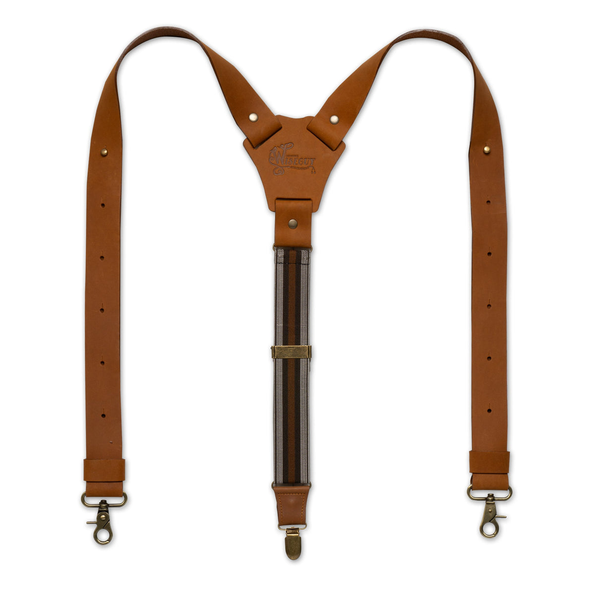 Flat lay of Brown Striped Wiseguy Crazy Horse Flex suspenders with European Elastic webbing and Camel Brown Authentic Nubuck leather straps, brass metal parts and a Y-back design. 